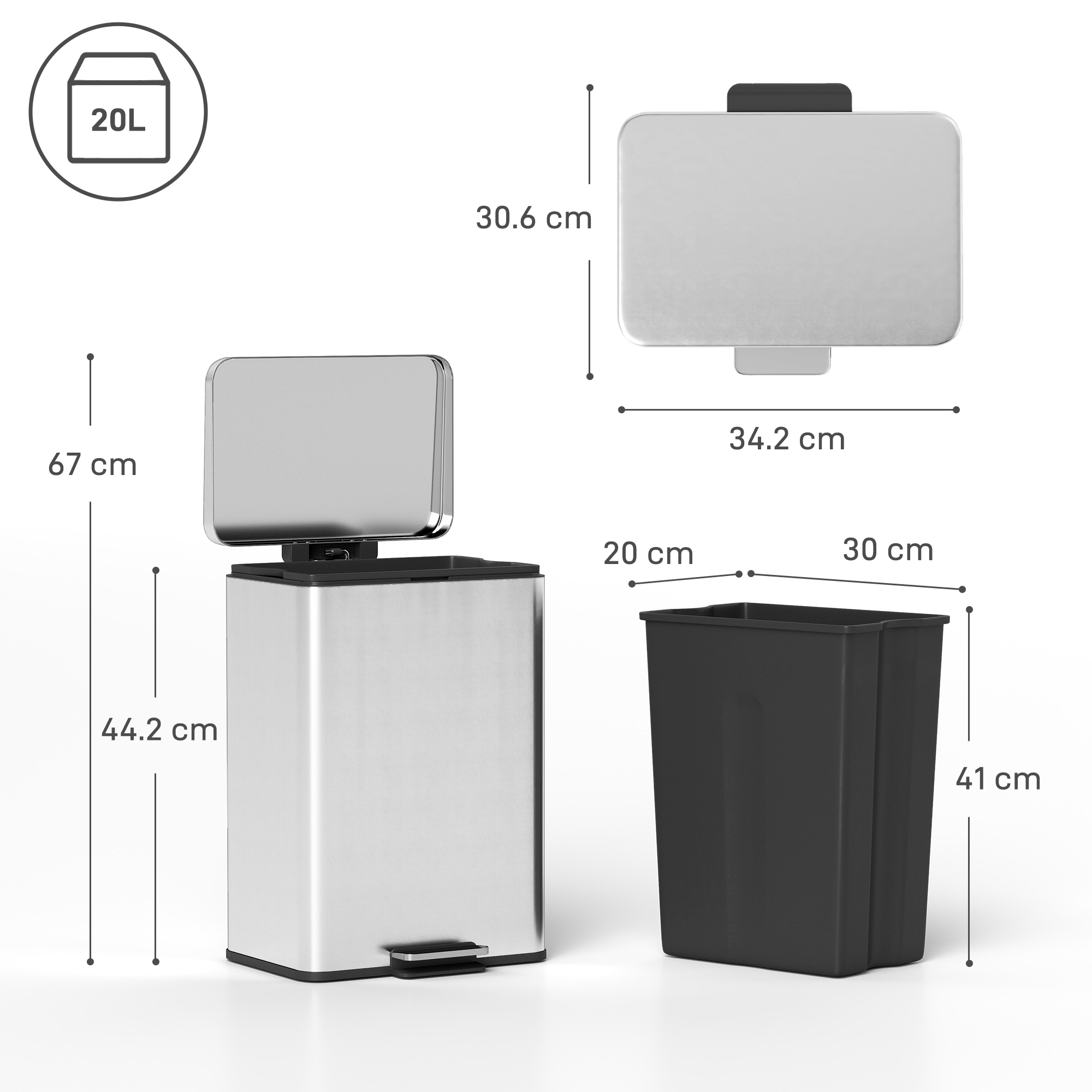 20L Kitchen Bin With Soft-Close Lid And Stay-Open Function, Stainless Steel — image 4