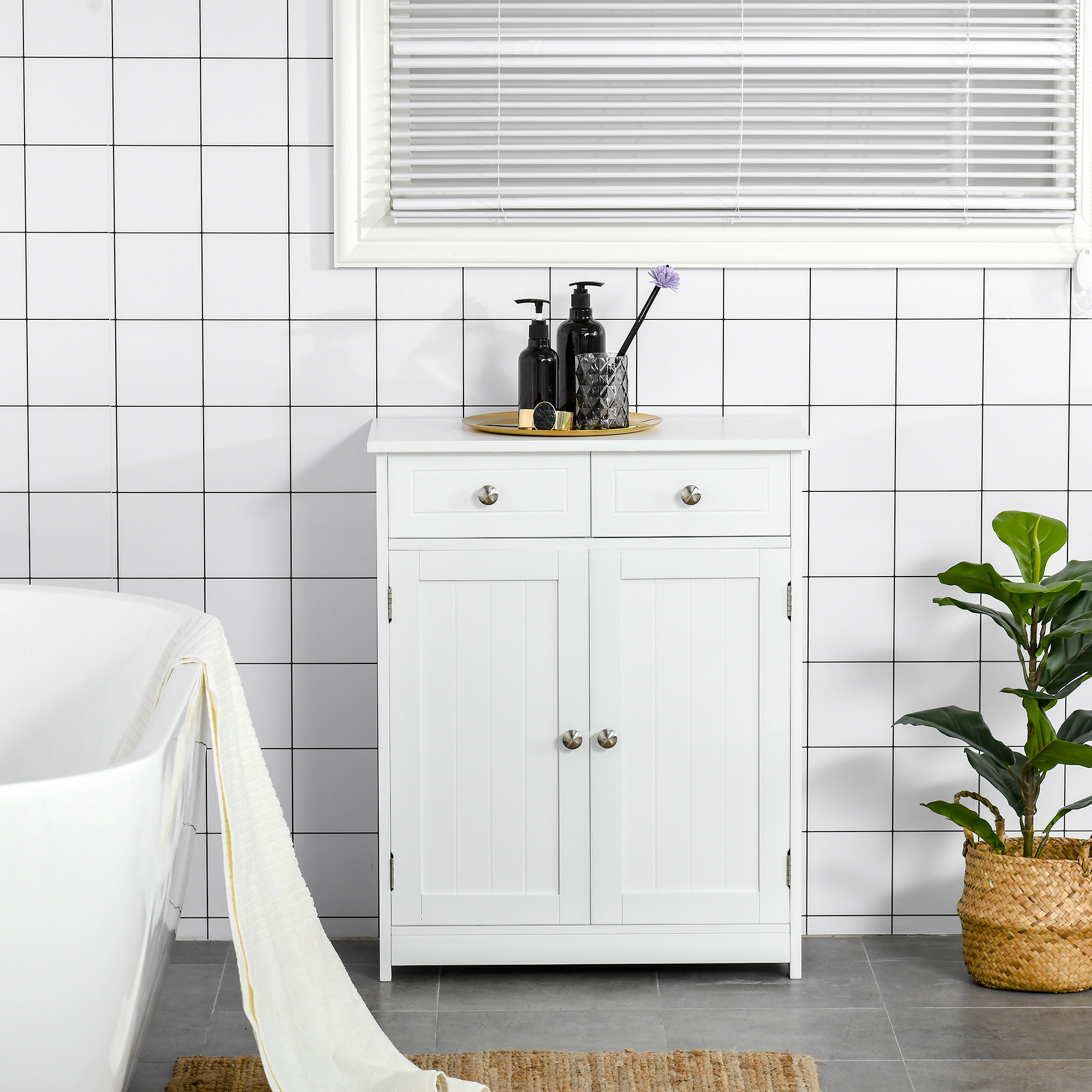  Freestanding Bathroom Floor Cabinet, Wooden Bathroom Cabinet with 2 Doors, 2 Drawers and Adjustable Shelf, White