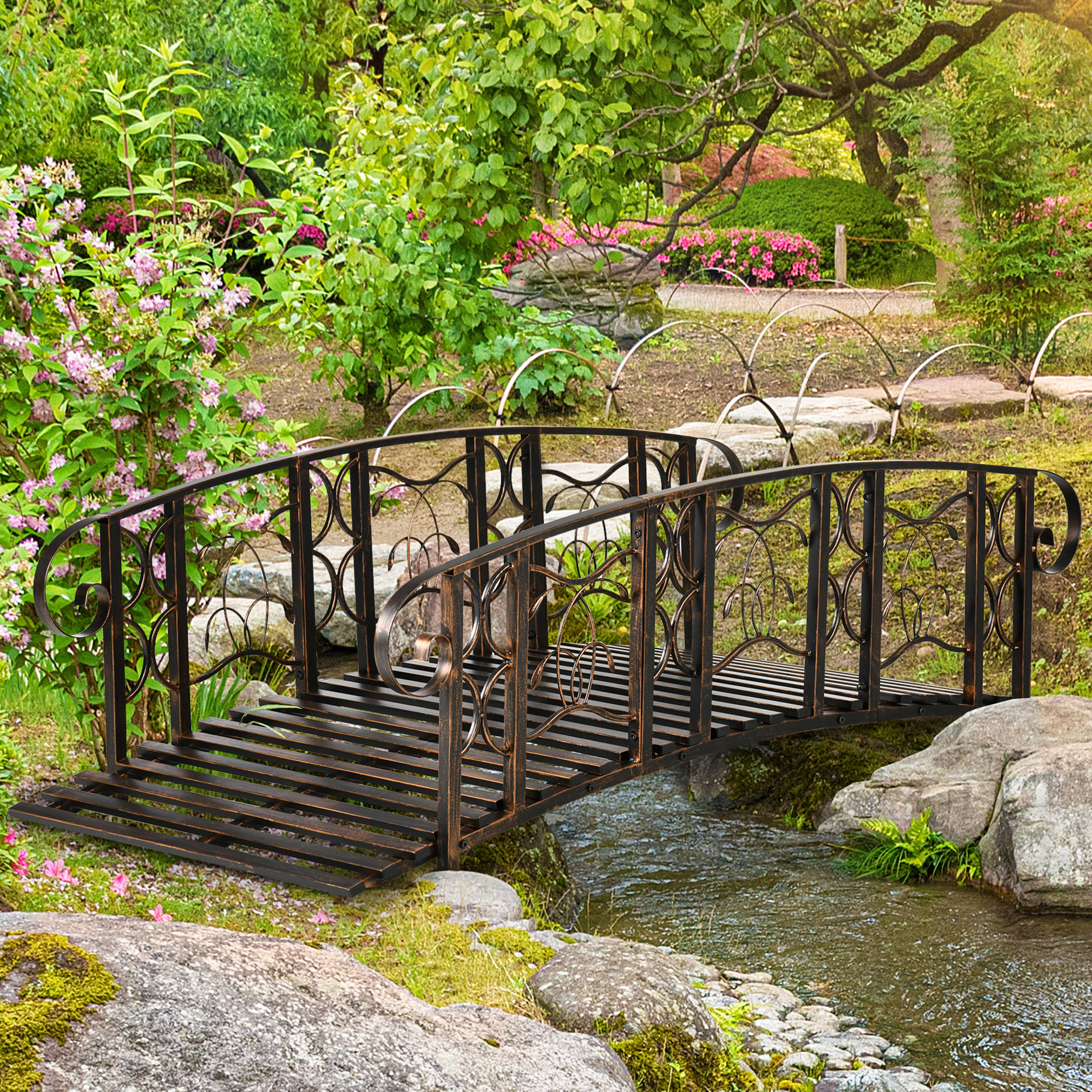 6 Metal Arch Backyard Garden Bridge with 660 lbs. Weight Capacity, Safety Siderails, Vine Motifs, Easy Assembly for Backyard Creek, Stream, Pond, Brown