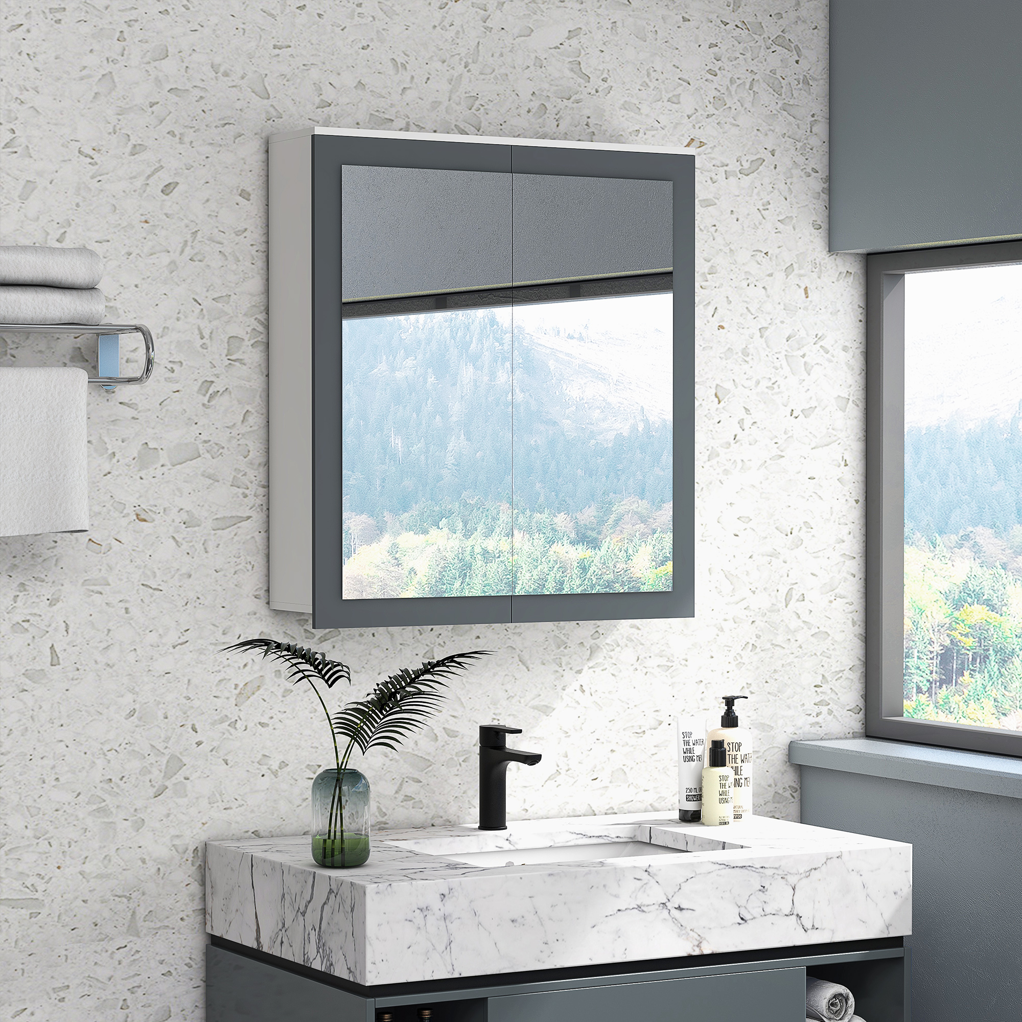  Bathroom Mirror Cabinet, Wall Mounted Medicine Cabinet with Mirror, Double Doors and Adjustable Shelves, White