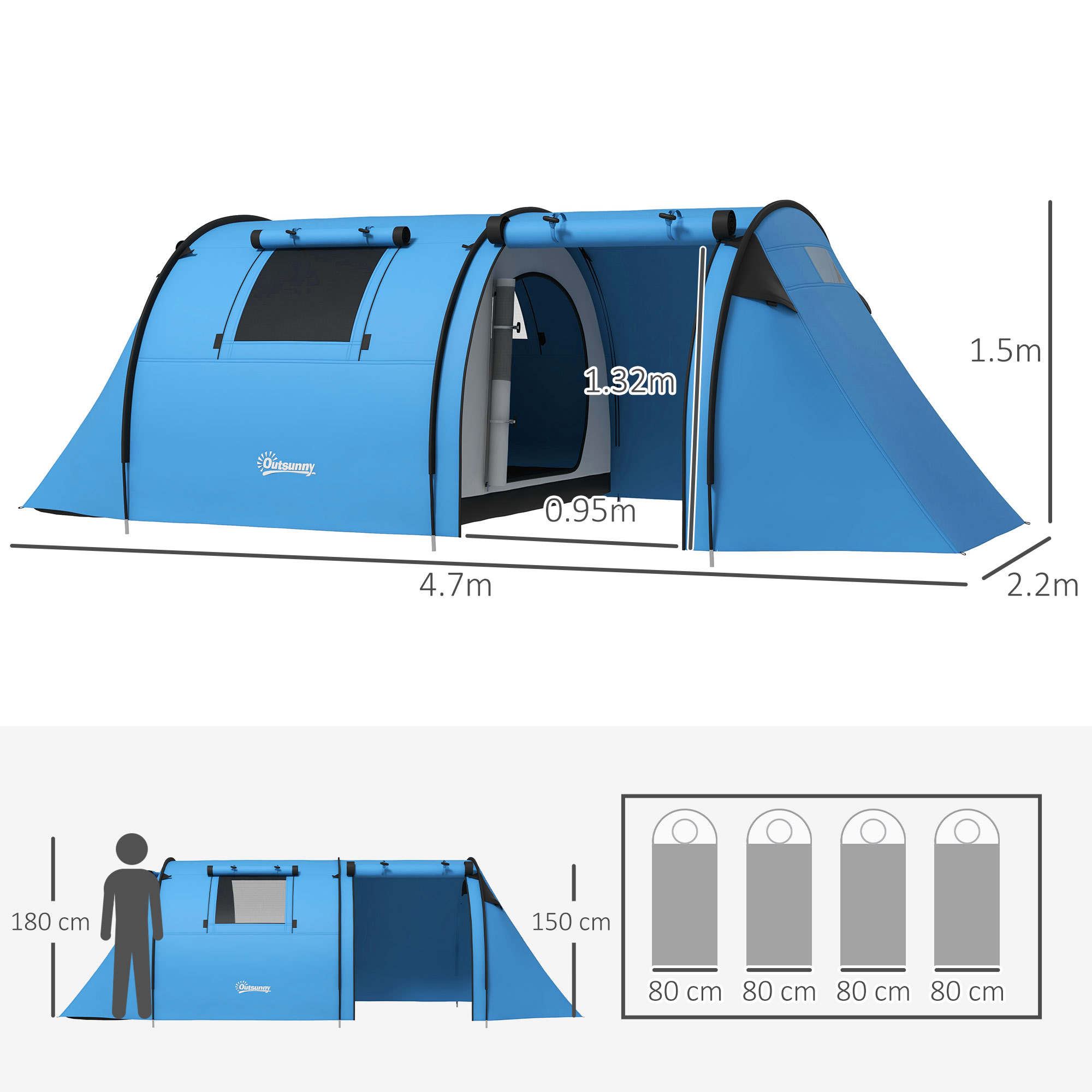 Four Man Duo Room Tunnel Tent, With Accessories - Sky Blue