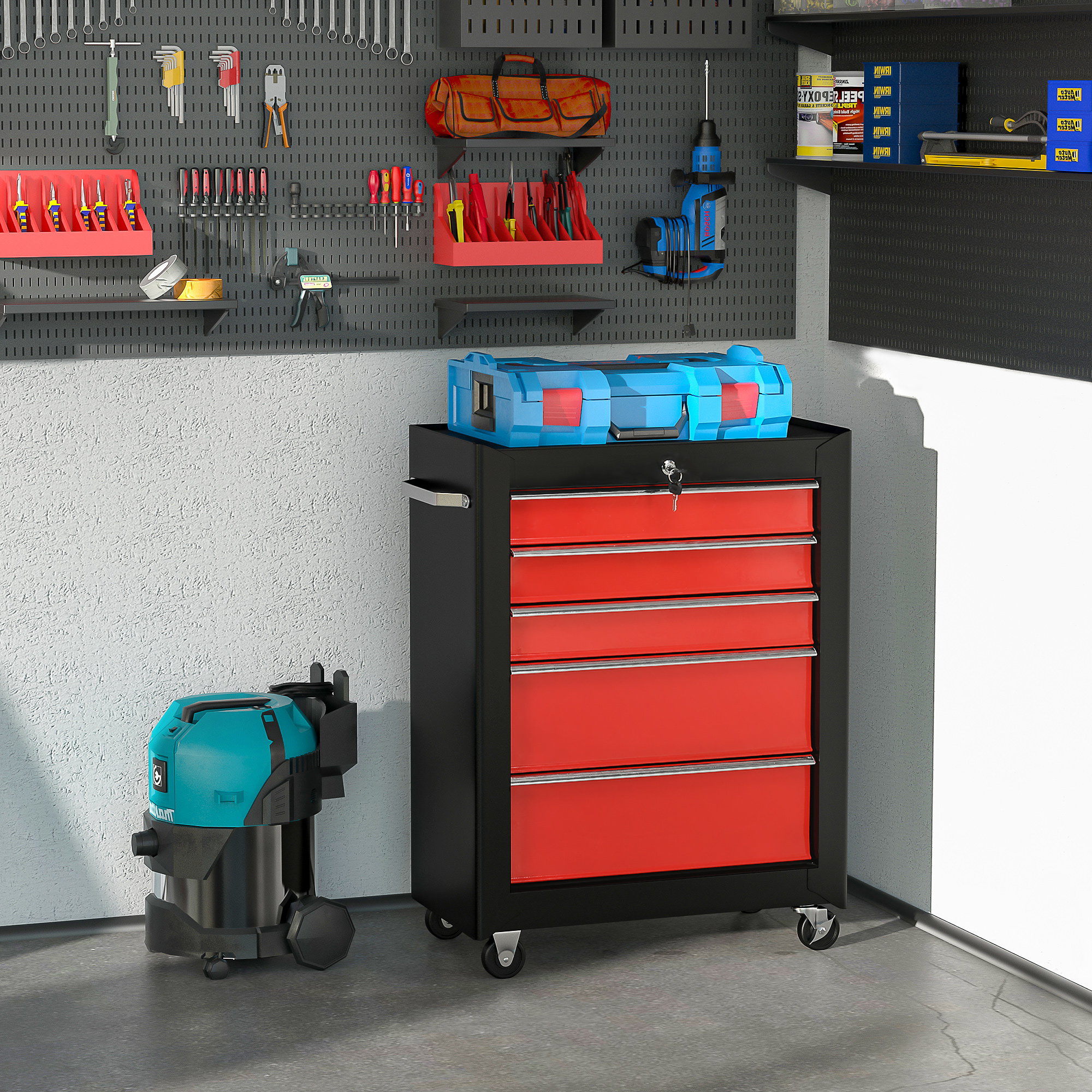 5-Drawer Tool Chest, Lockable Steel Storage Cabinet With Wheels And Handle Box — image 4
