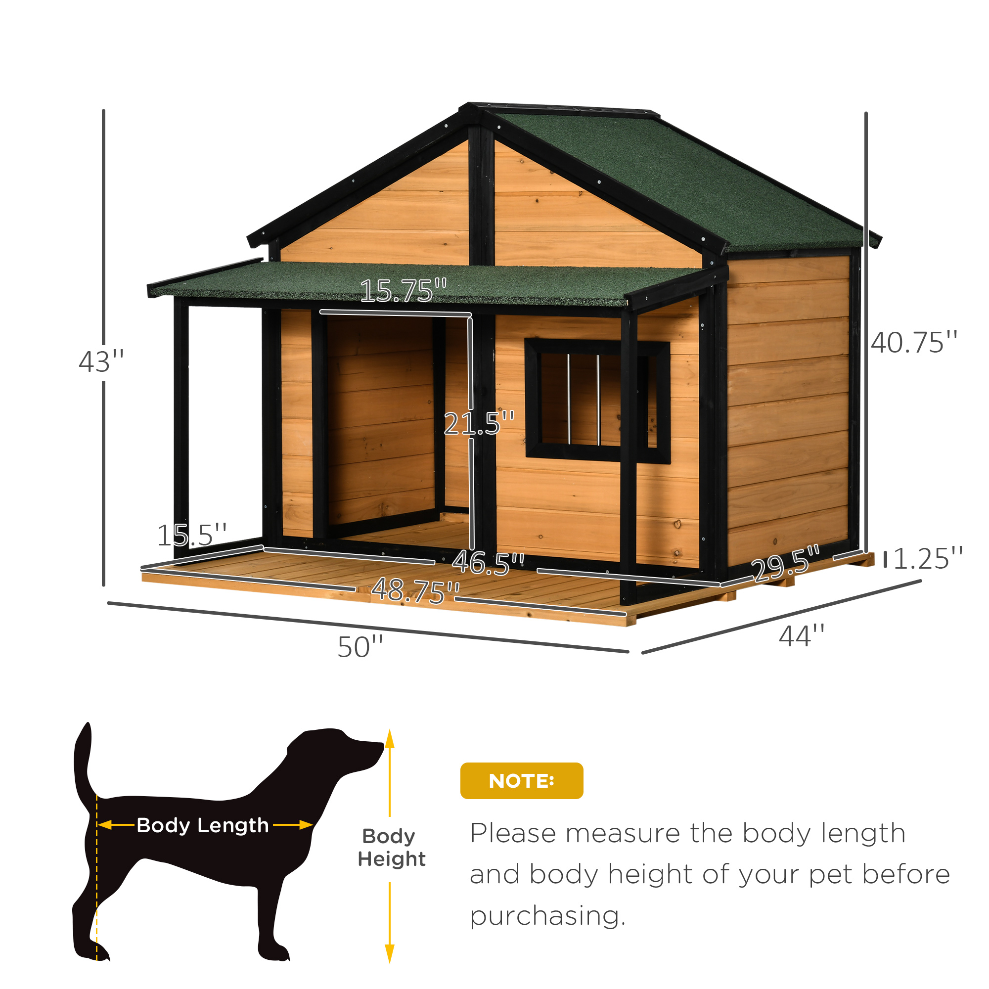  Outdoor Dog House Cabin Style, Wooden Raised Pet Kennel with Asphalt Roof, Front Door, Side Window, Porch for Medium and Large Dogs, Gray