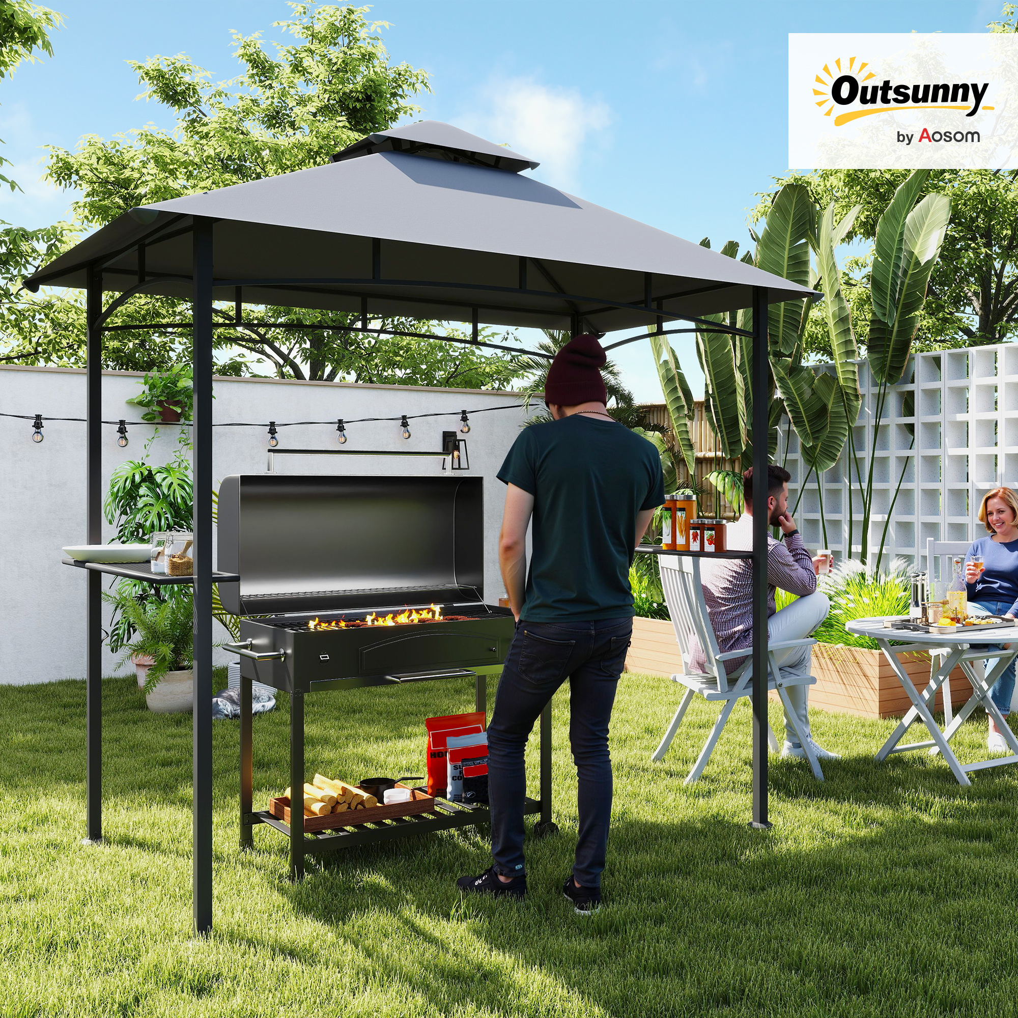8 x 5 Grill Gazebo with Double Roof, Outdoor BBQ Canopy Gazebo with 2 Side Shelves for Patio Yard Garden Gray