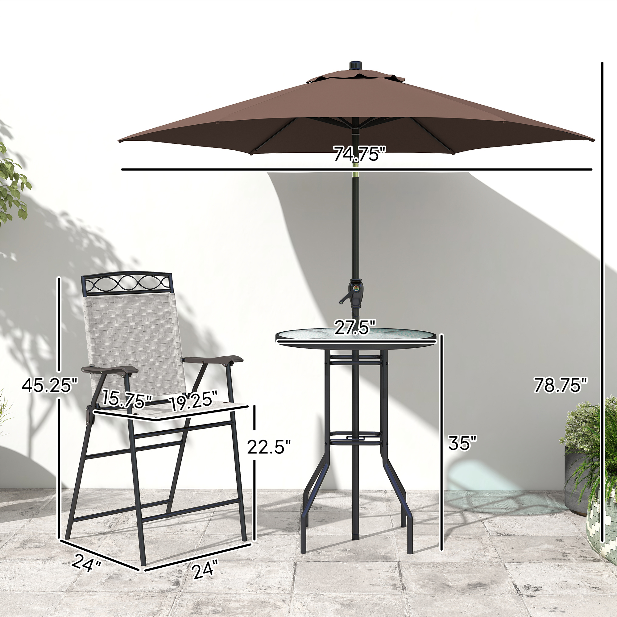 4 Piece Outdoor Bar Set with Umbrella, Patio Dining Set with 2 Folding Chairs, Wave Textured Tempered Glass Table for Backyard, Garden, Deck, Poolside, Beige - Image 4