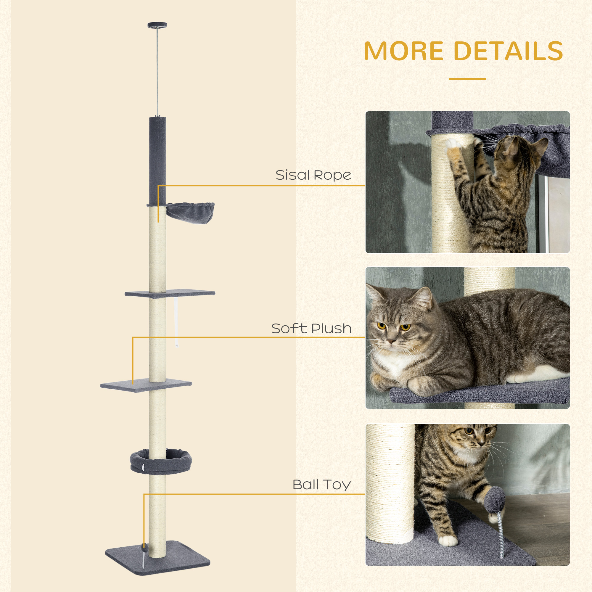  Floor To Ceiling Cat Tree, 5-Tier Cat Climbing Tower, 95''-106'' Height Adjustable with Carpeted Platforms, Cozy Bed, Hammock, Scratching Post & Toy Ball for Indoor Cats, Dark Gray and Cream