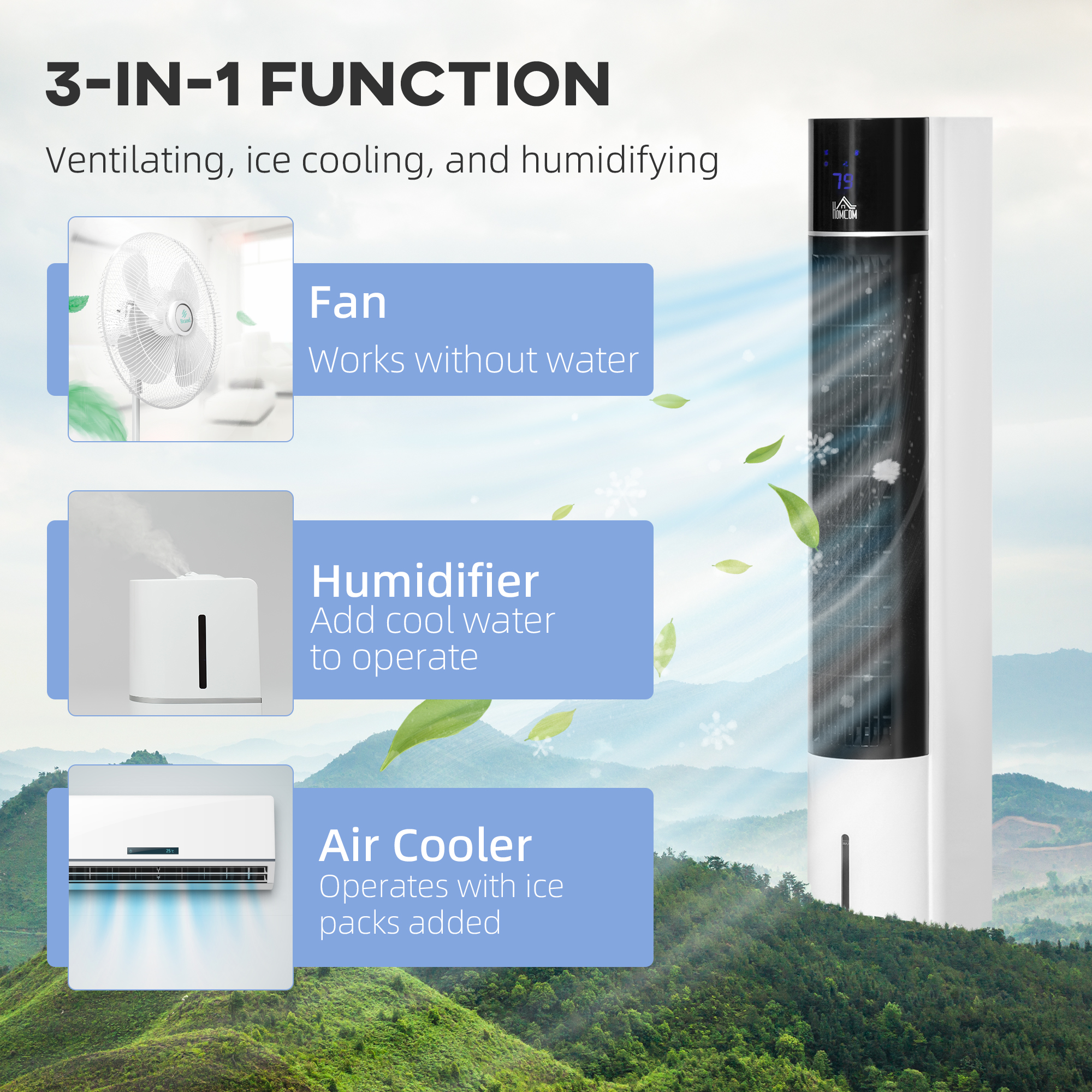 42" 3-In-1 Evaporative Air Cooler with Water Tank, 52° Oscillating Portable Swamp Cooler with Humidifier, Ice Cooling Fan for Home Office, 3 Modes, 3 Speeds, 12H Timer, Remote, White