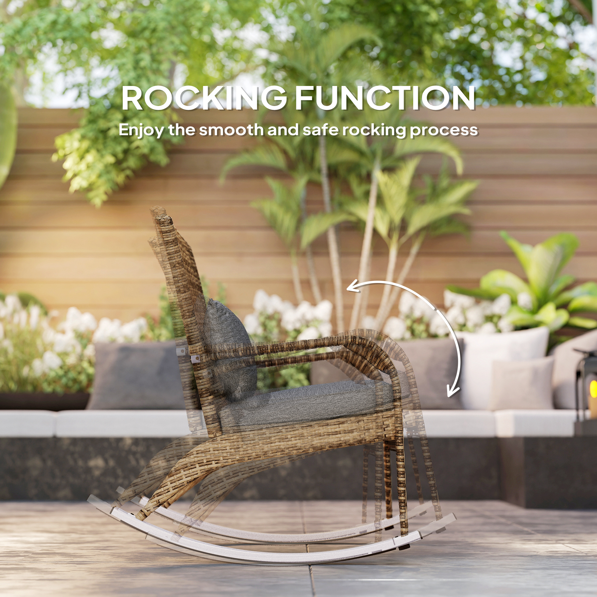  Adirondack Chair, Outdoor Wicker Rocking Chair with High Back, Seat Cushion, and Pillow for Porch, Balcony, Gray