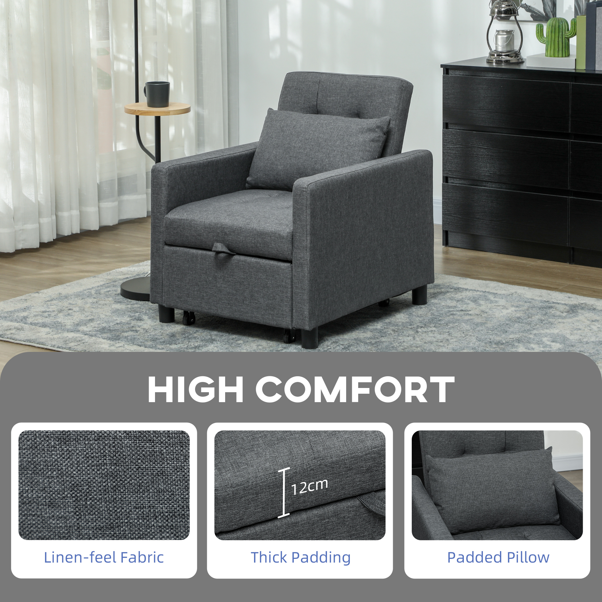 3-In-1 Chair Bed, Convertible Sleeper With Adjustable Backrest, Pillow — image 3