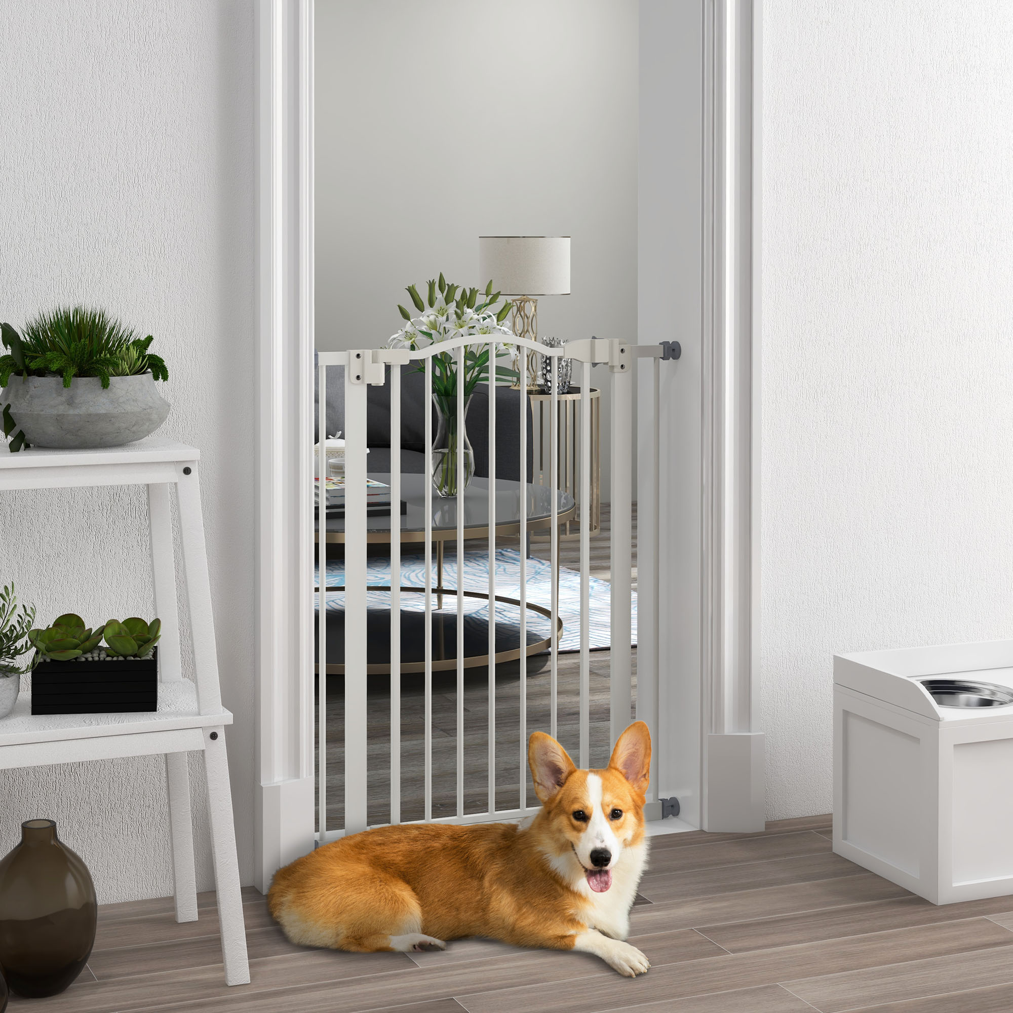 PawHut Pressure Fit Dog Stair Gate No Drilling Safety Gate Auto Close For Doorways, Hallways, 74-80cm Adjustable, 94cm Tall, White