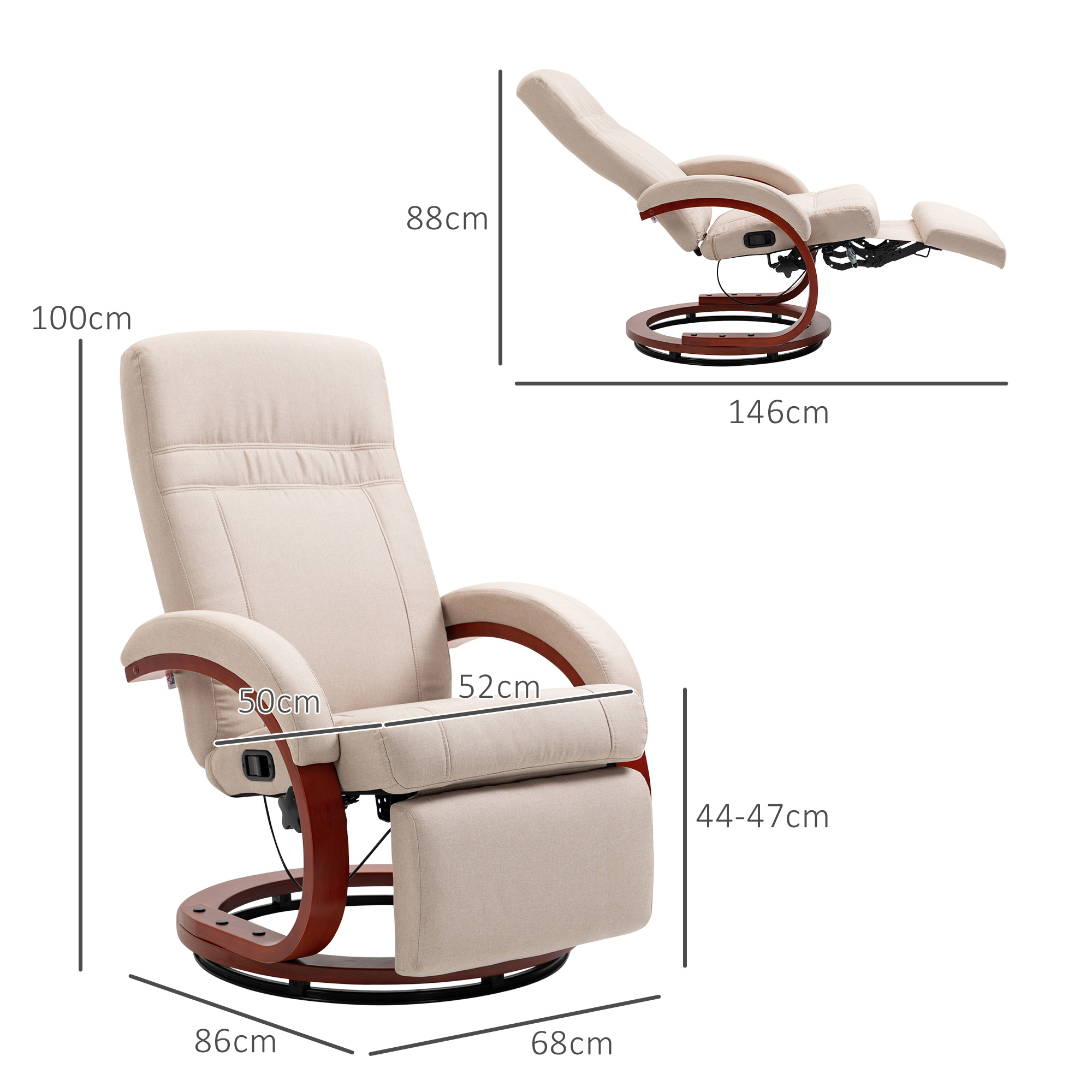 135Manual Reclining Swivel Chair, With Footrest - Beige