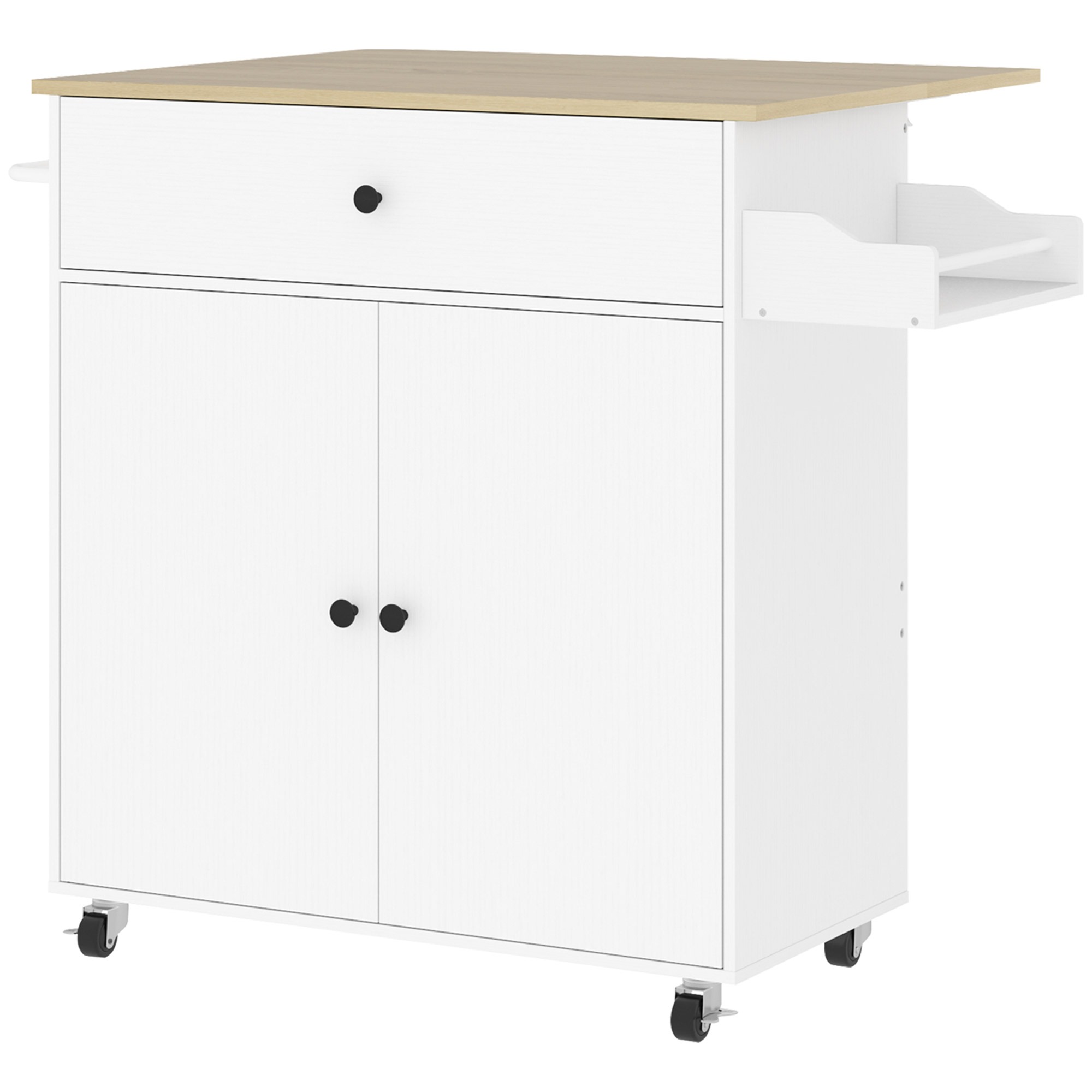 White rolling kitchen island with oak-effect worktop, drop-leaf and locking castors