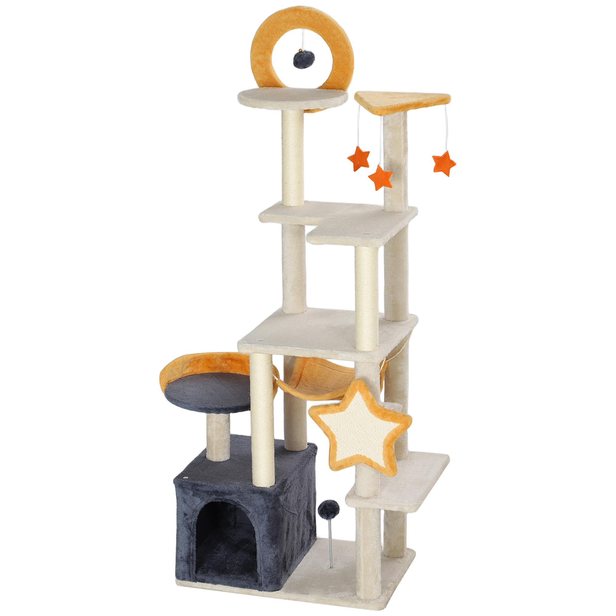 63 Inch Moon and Star Themed Cat Tree with Scratching Post, Hammock, Condo, Bed