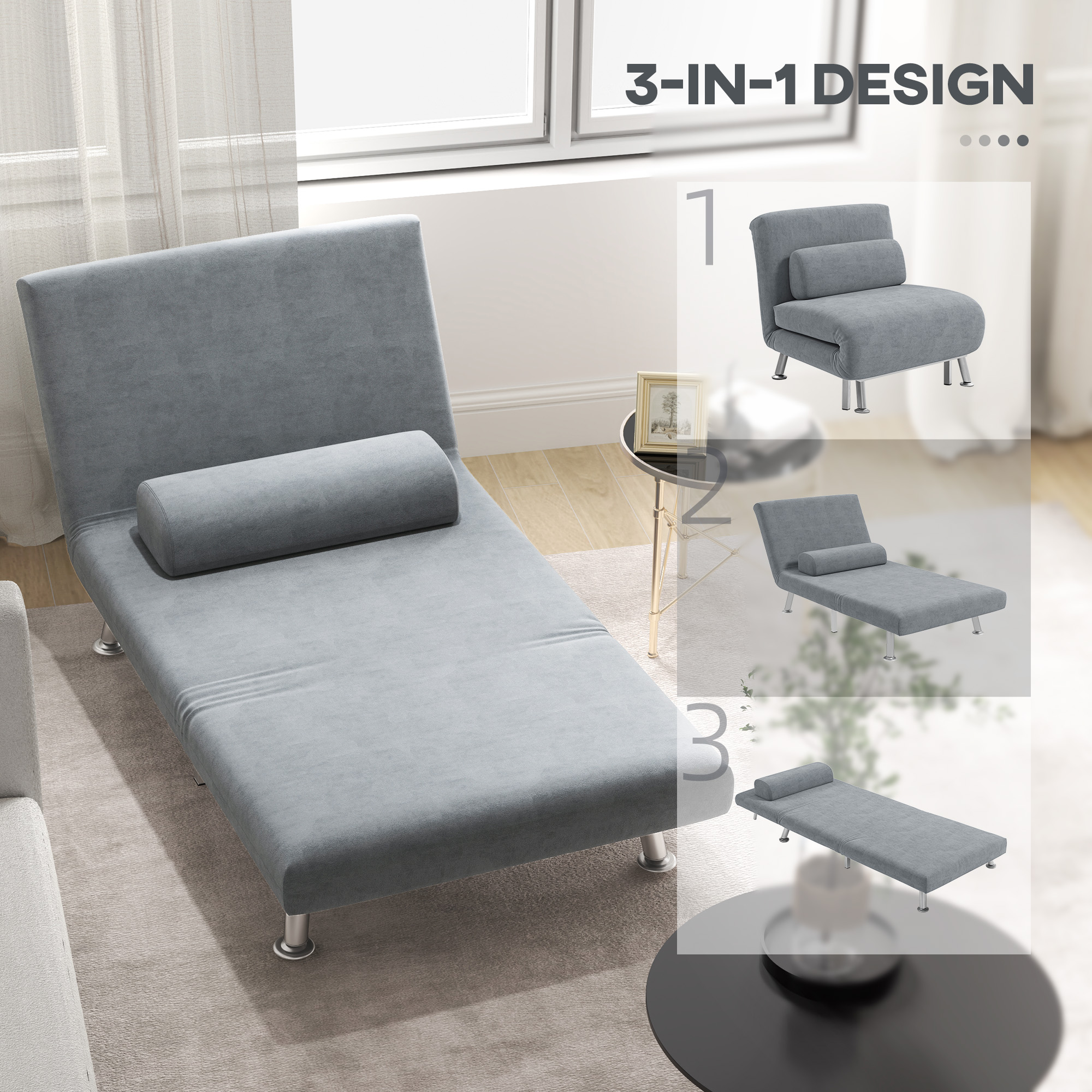Single Velvet-Feel Sleeper Chair - Grey — image 3