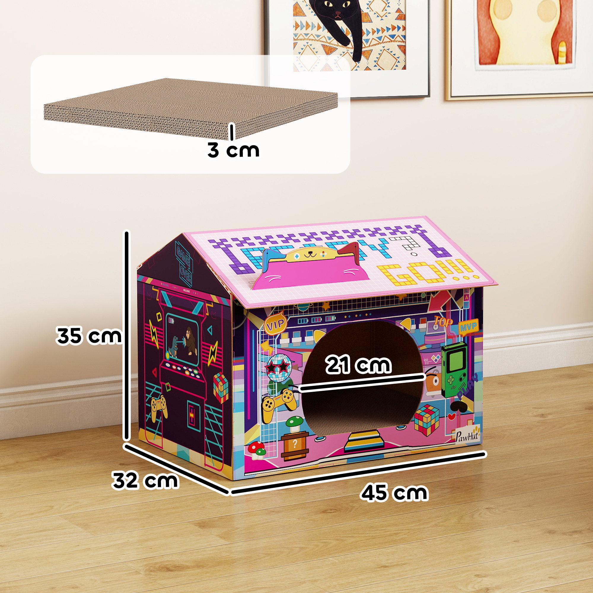 PawHut 2 In 1 Gaming Style Cardboard Cat House With Scratching Board & Catnip For Indoor Cats, Pink 4