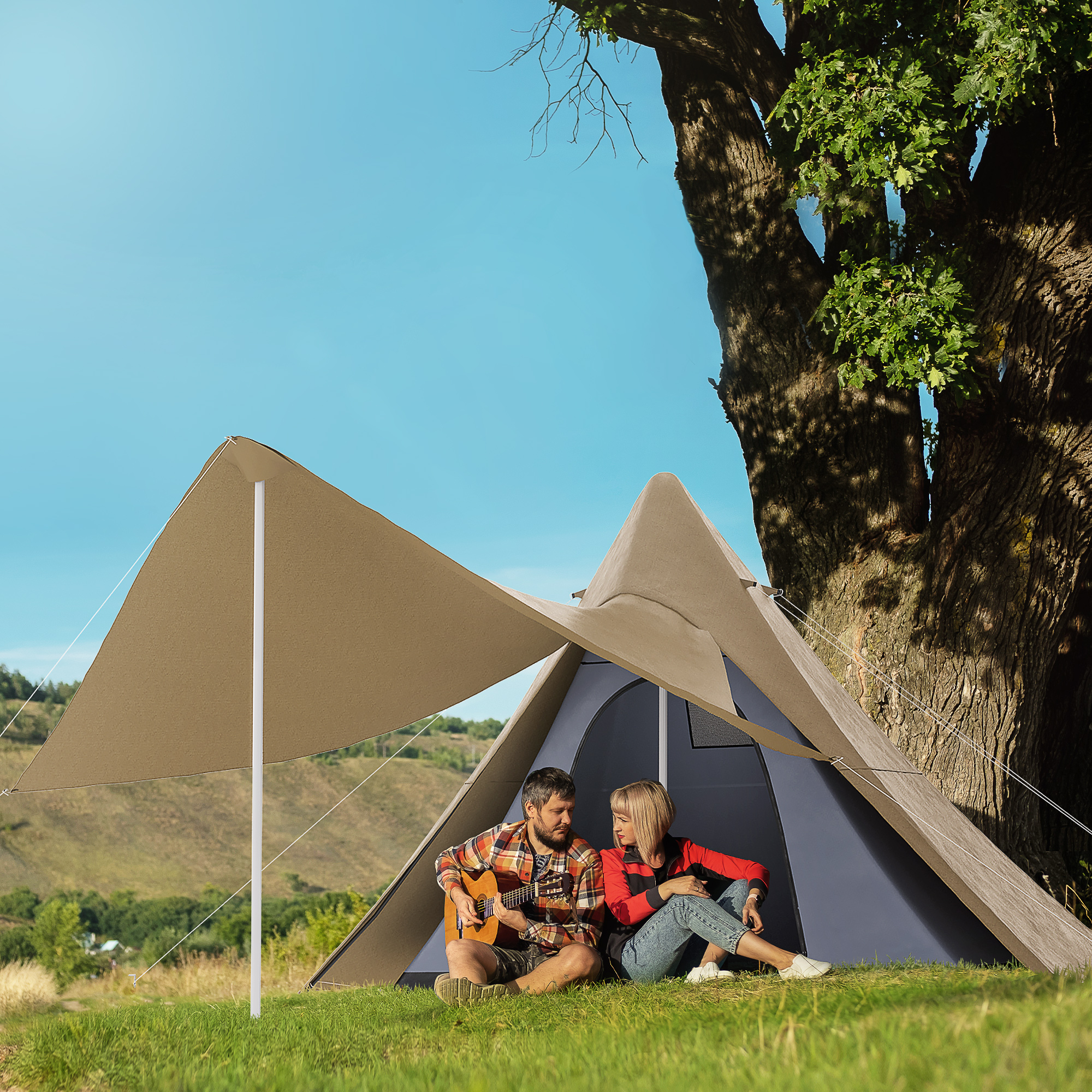 15.4x15.4x8.5 Teepee Tent, Waterproof Camping Tent with Porch Area, Floor and Carry Bag, for 2-3 Person Outdoor Backpacking Camping Hiking, Coffee