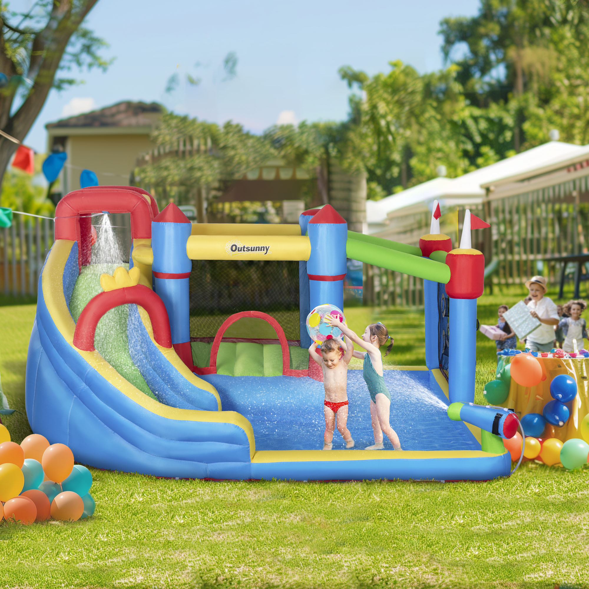 6-in-1 Inflatable Water Slide with Splash Pool, Slide, Climbing Wall, Water Cannon, Inflatable Bounce House for Kids with 2 Min. Inflation