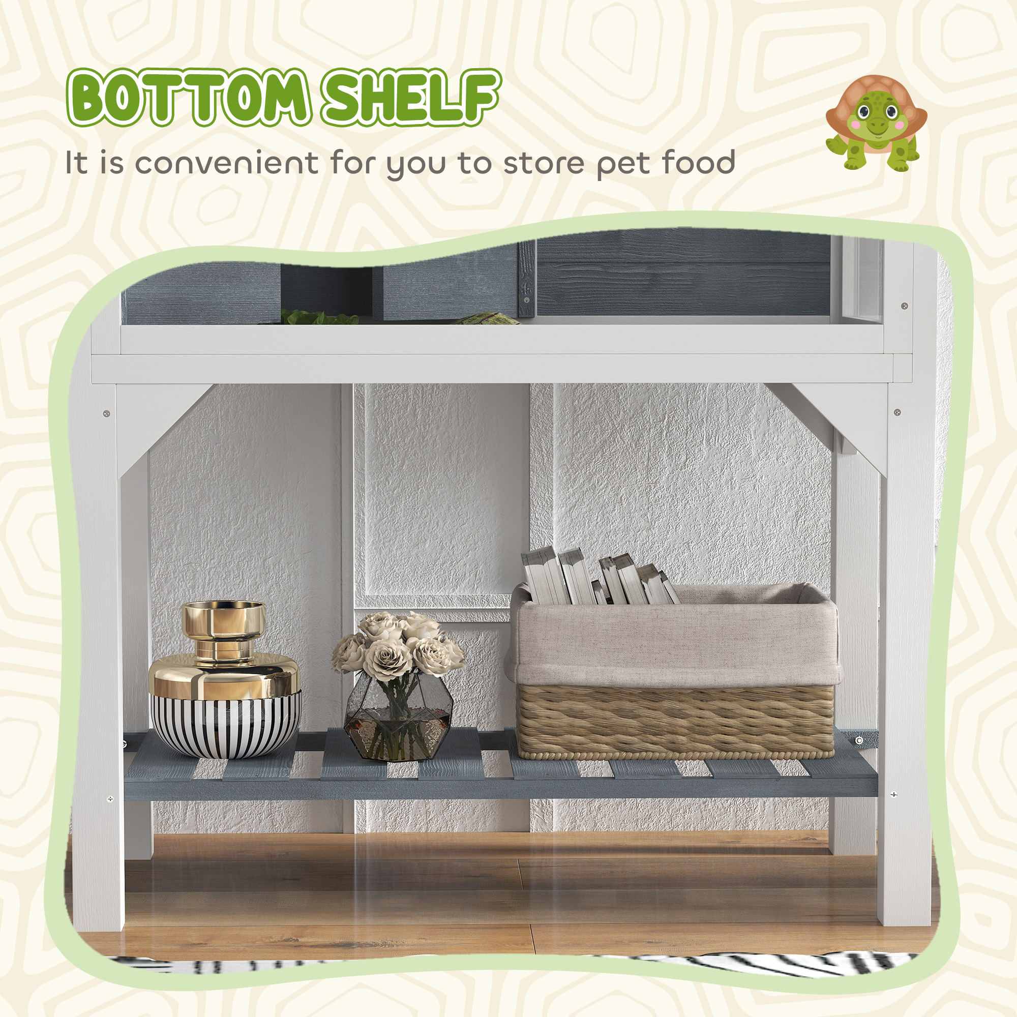  Wooden Tortoise Habitat with Storage Shelf, Tortoise Enclosure with Clear Windows, Openable Top, Lamp Holder, Gray
