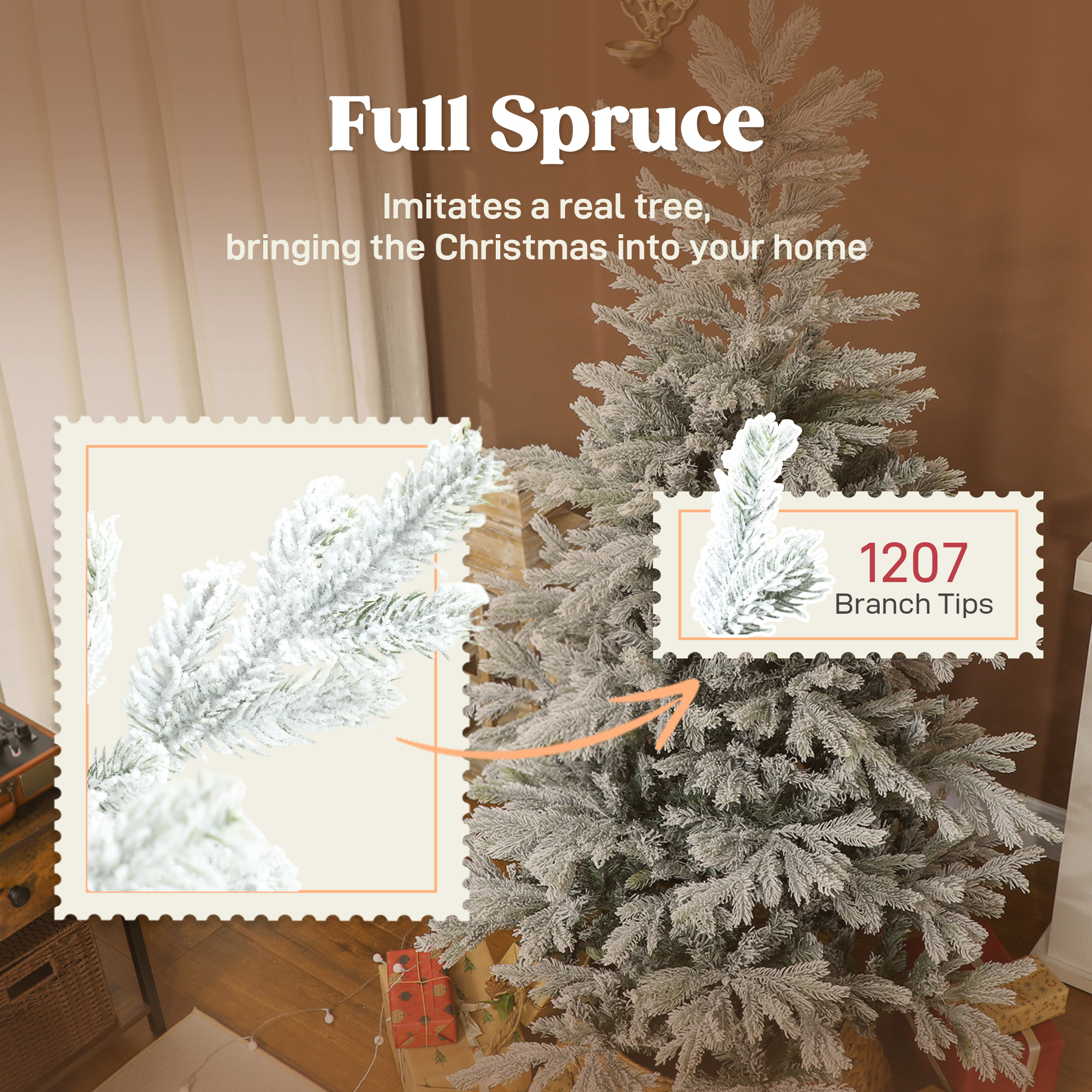  6 ft Artificial Frosted Christmas Tree with Realistic Branches, Wide Full Spruce, Hinged Xmas Tree, Easy Assembly