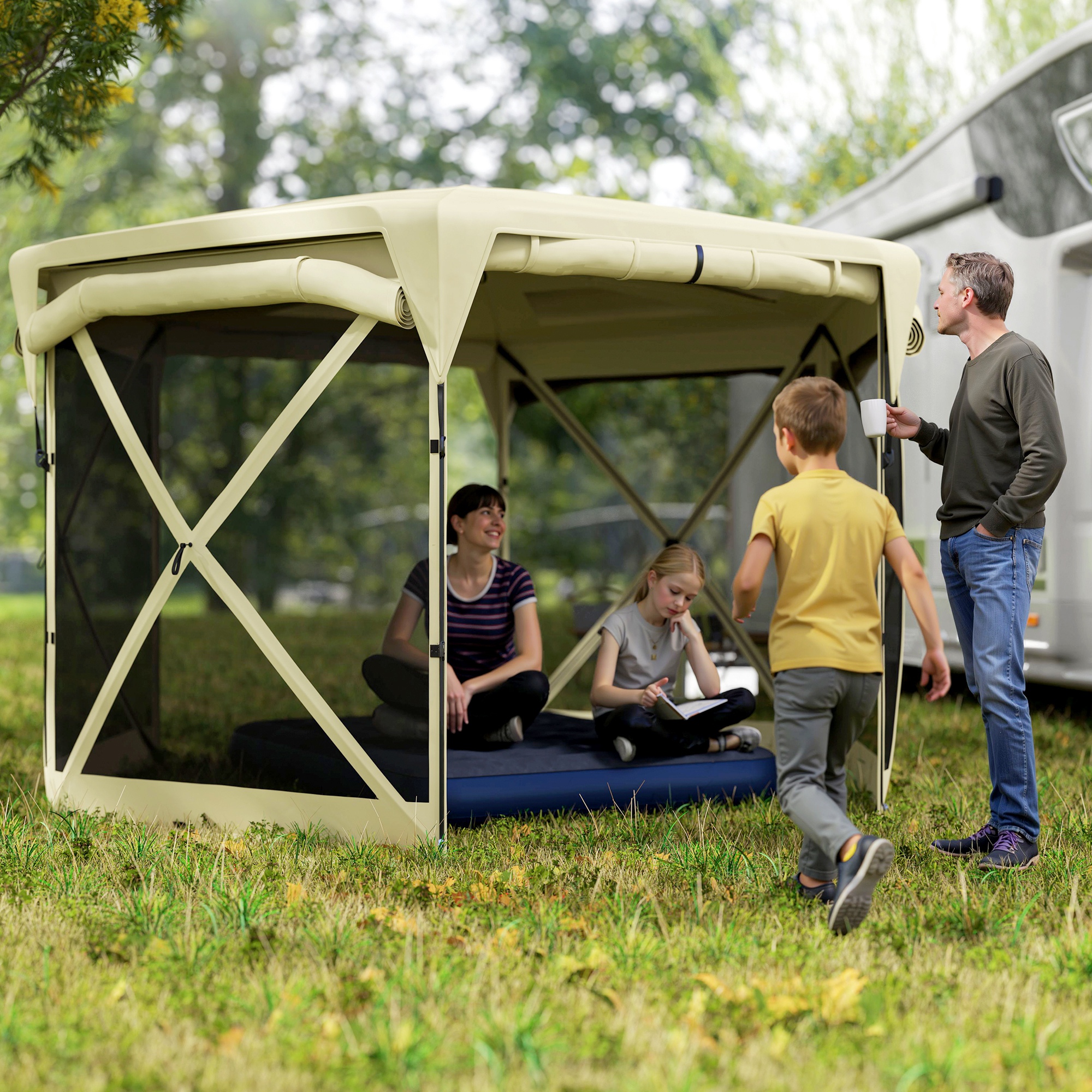 11 x 11ft Pop Up Gazebo Screen Tent with Removable Roof Cover, Roll-up Wind Panels for Camping, Backyard, Beige - Image 4