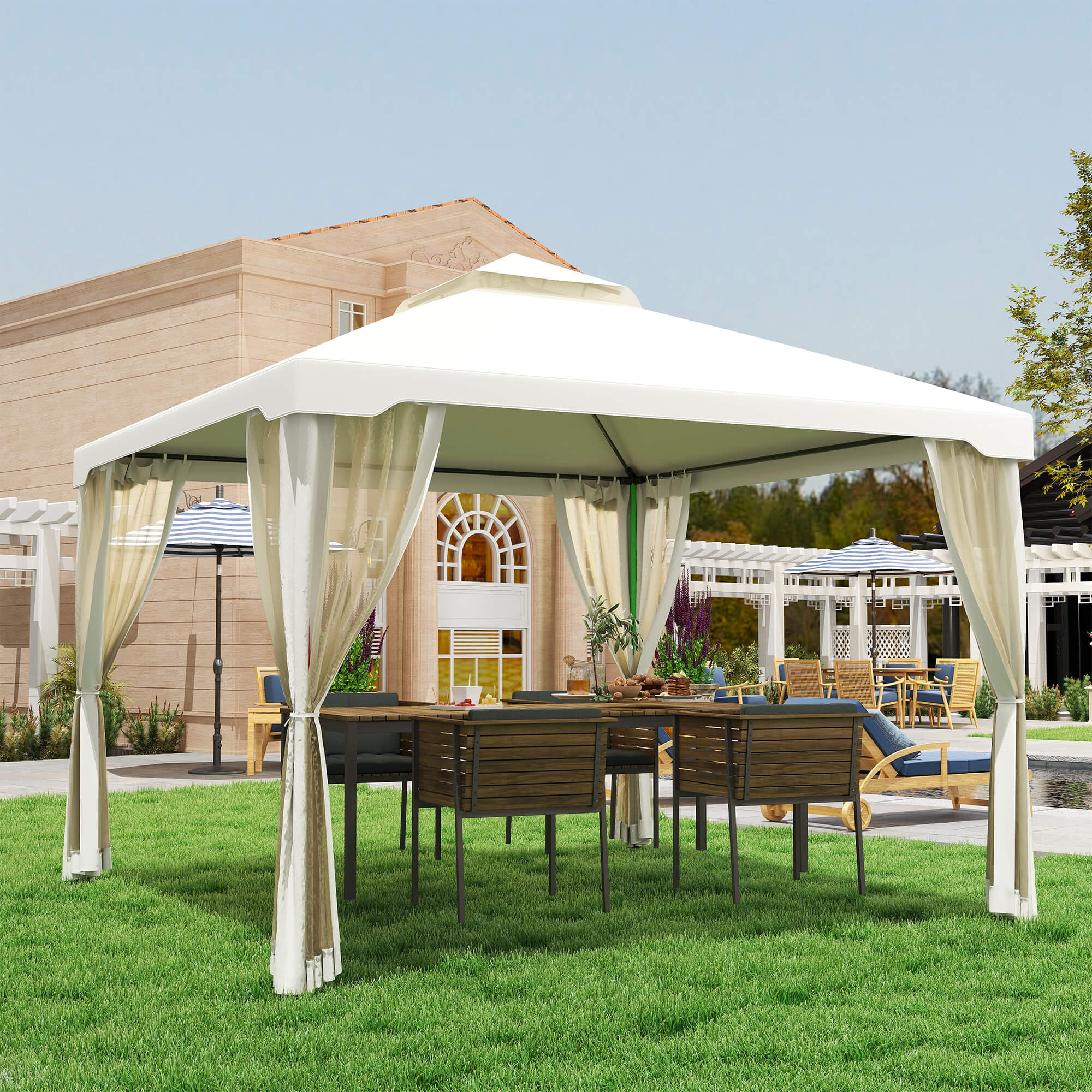 9.6 x 9.6 Patio Gazebo, Outdoor Canopy Shelter with 2-Tier Roof and Netting, Steel Frame for Garden, Lawn, Backyard, and Deck, Cream White