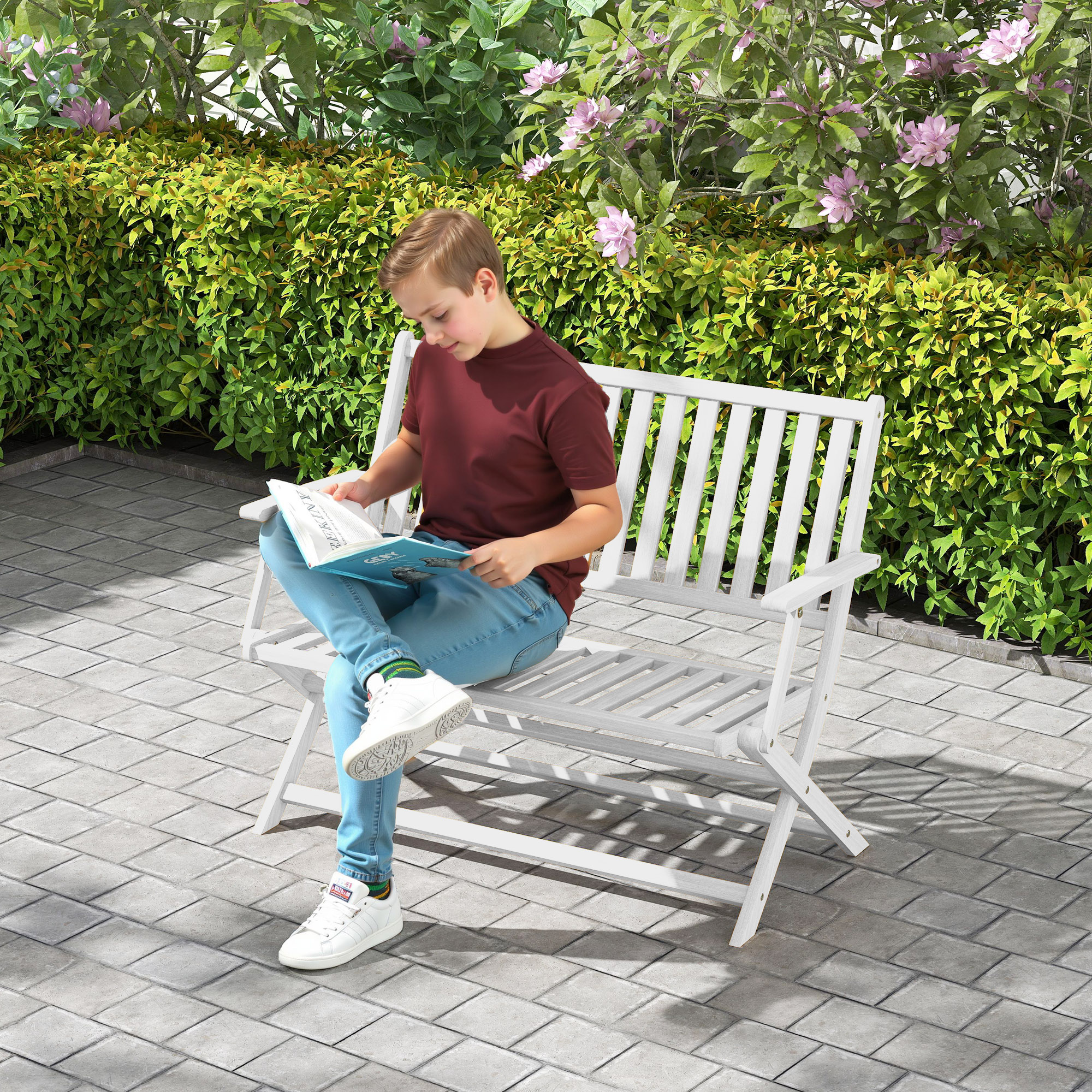 2-Person Foldable Wood Outdoor Bench with Backrest and Armrests for Garden, Porch, Park, Balcony, White