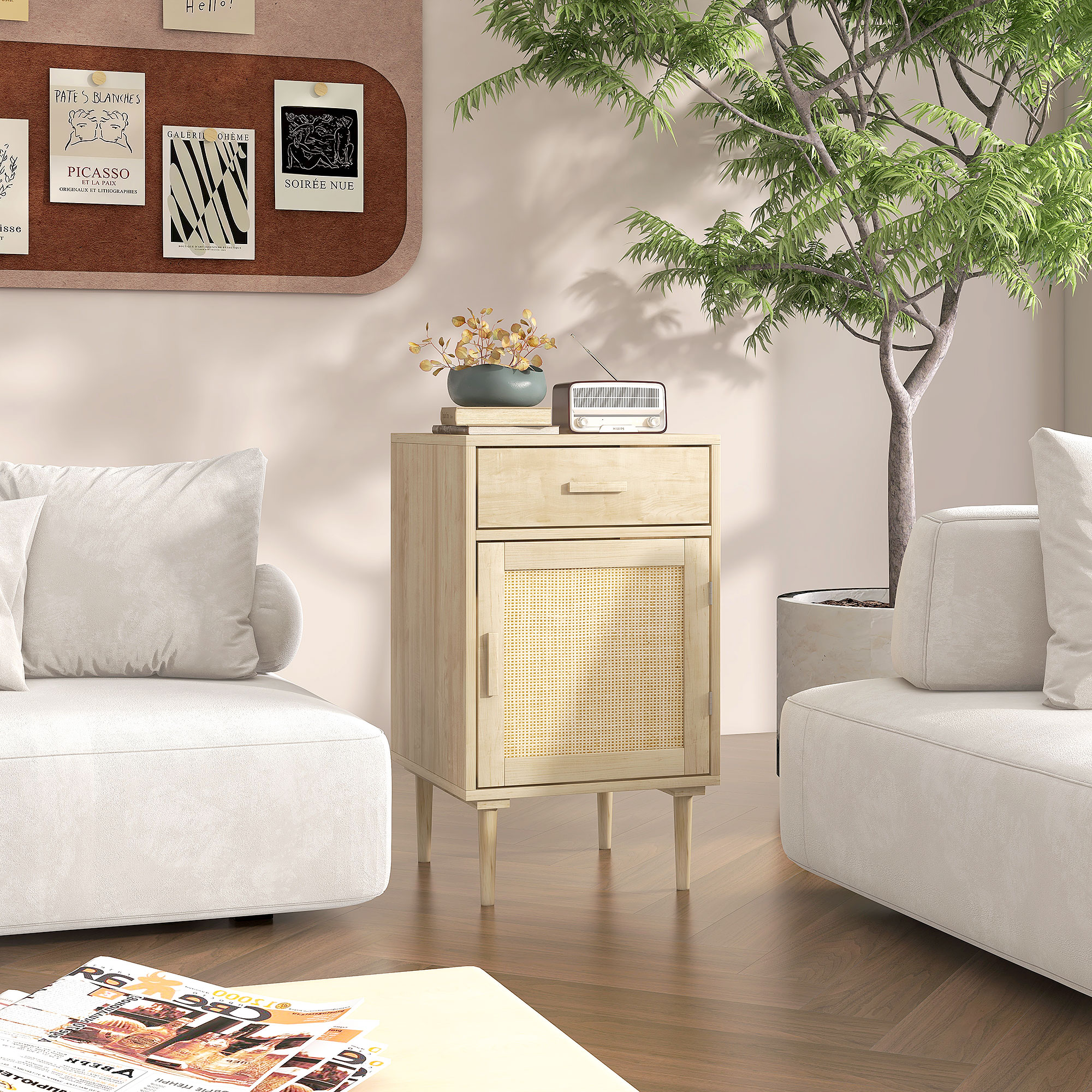 Bedside Table, Rattan Side Tables With Drawer, Cabinet And Adjustable Shelf