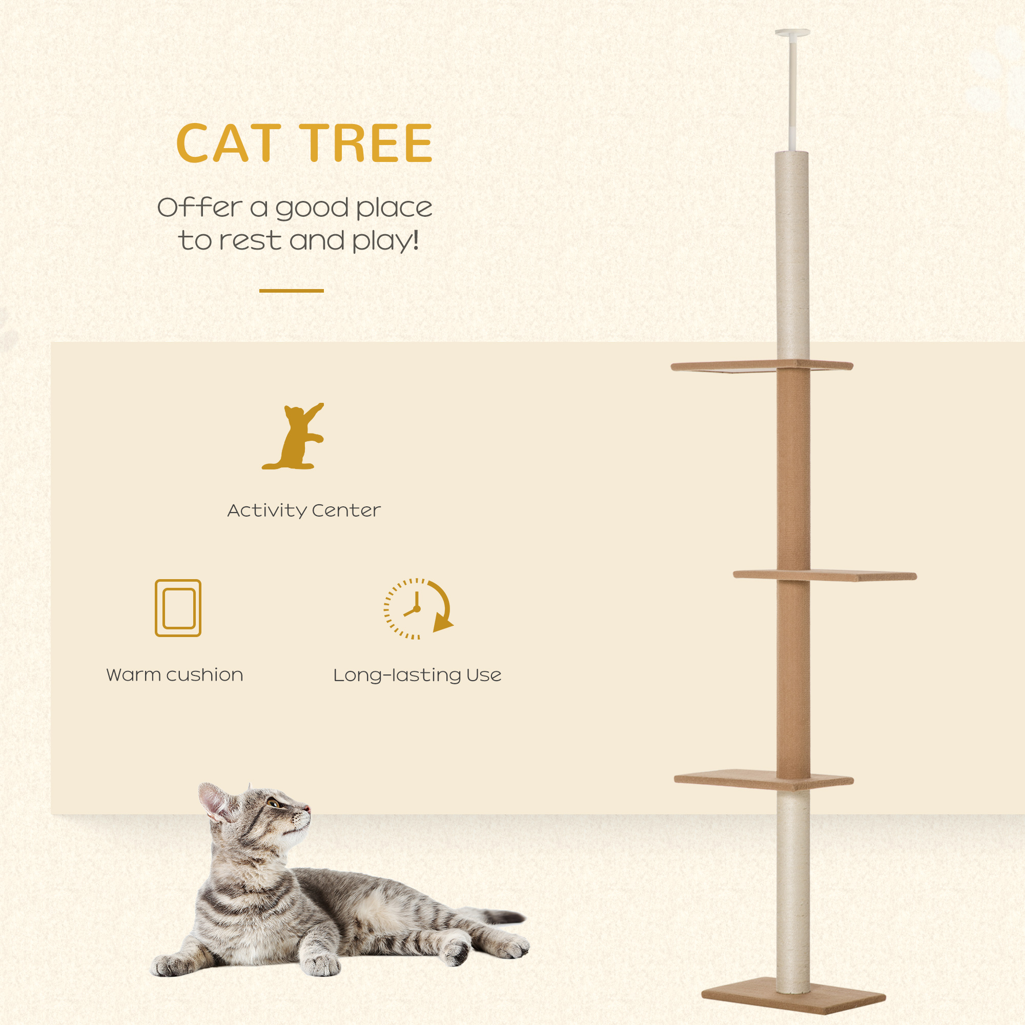  Floor-to-Ceiling Cat Tree Cat Climbing Tower with Sisal-Covered Scratching Posts Natural Cat Tree Activity Center for Kittens Cat Tower Furniture, Light brown