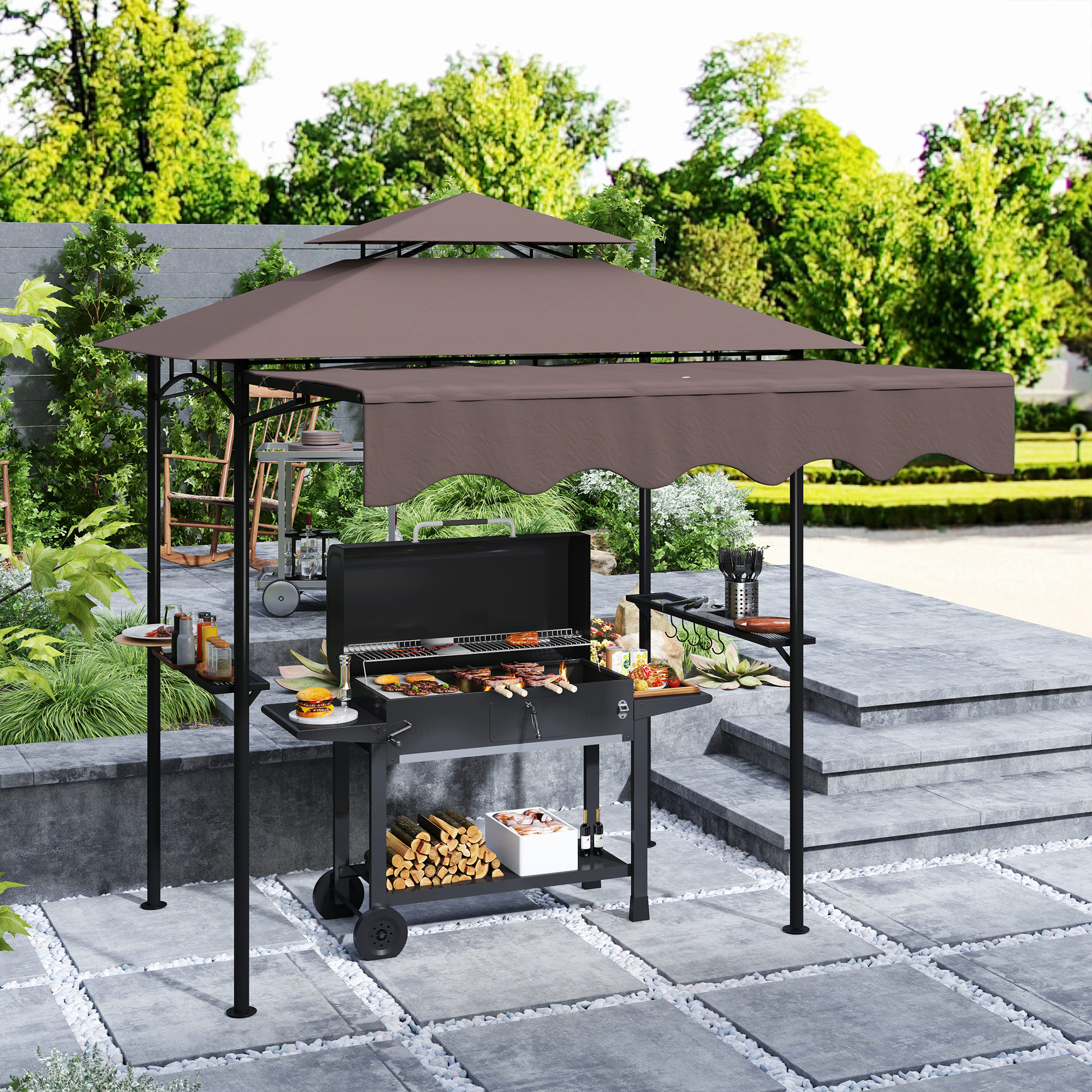 8 x 7.6 Outdoor Grill Gazebo, Barbecue Gazebo Shelter with Side Awning, 2 Side Shelves and 6 Hooks, Brown