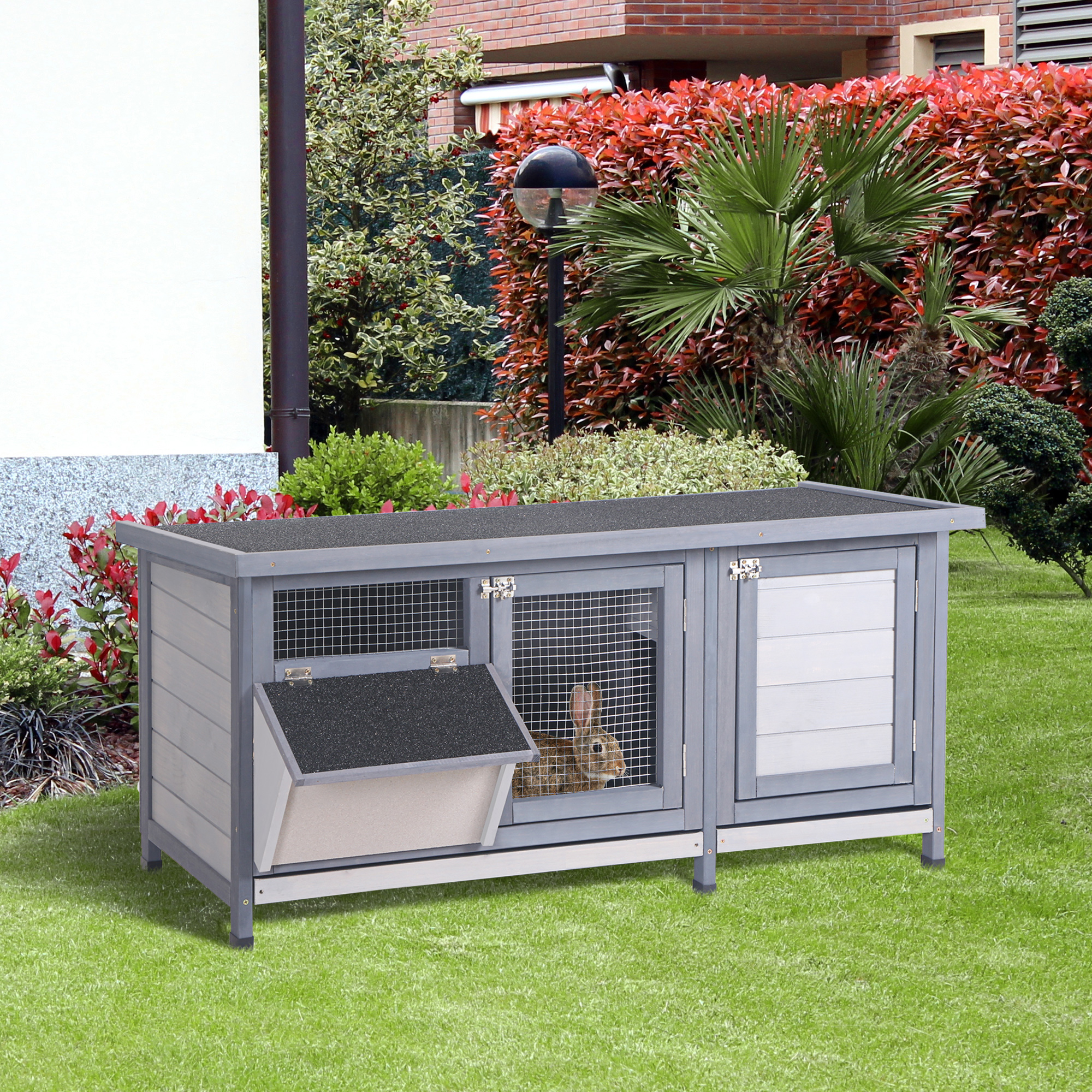  Wooden Rabbit Hutch Bunny Hutch Cage Guinea Pig with Waterproof Roof, No Leak Tray and Feeding Trough, for Rabbits, Chickens, Ducks, Indoor/Outdoor, Gray
