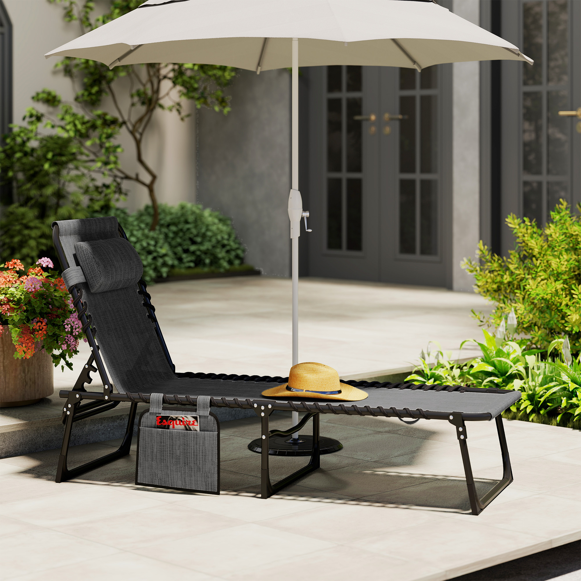  Chaise Lounge Chair Outdoor, 5-Position Adjustable Sun Tanning Chair with Carrying Handle and Side Pocket, Folding Bed Cot with Removable Pillow for Garden, Beach, Patio, Pool, Camp, Gray