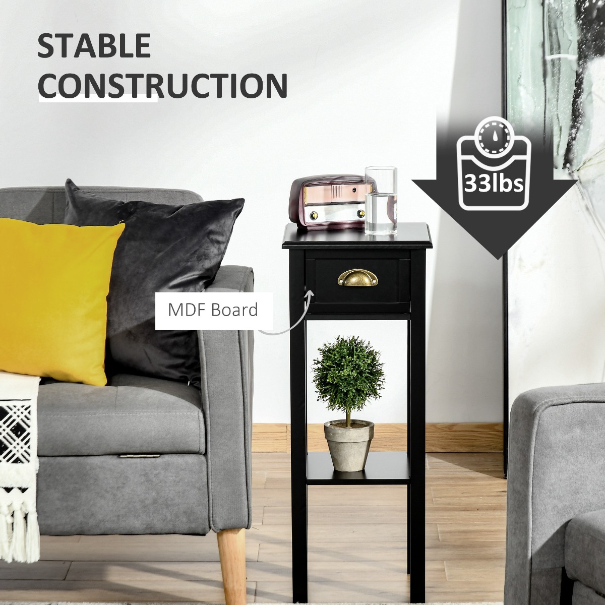 2-Tier Side Table with Drawer Shelf, End Table for Living Room Hallway, Black image 4