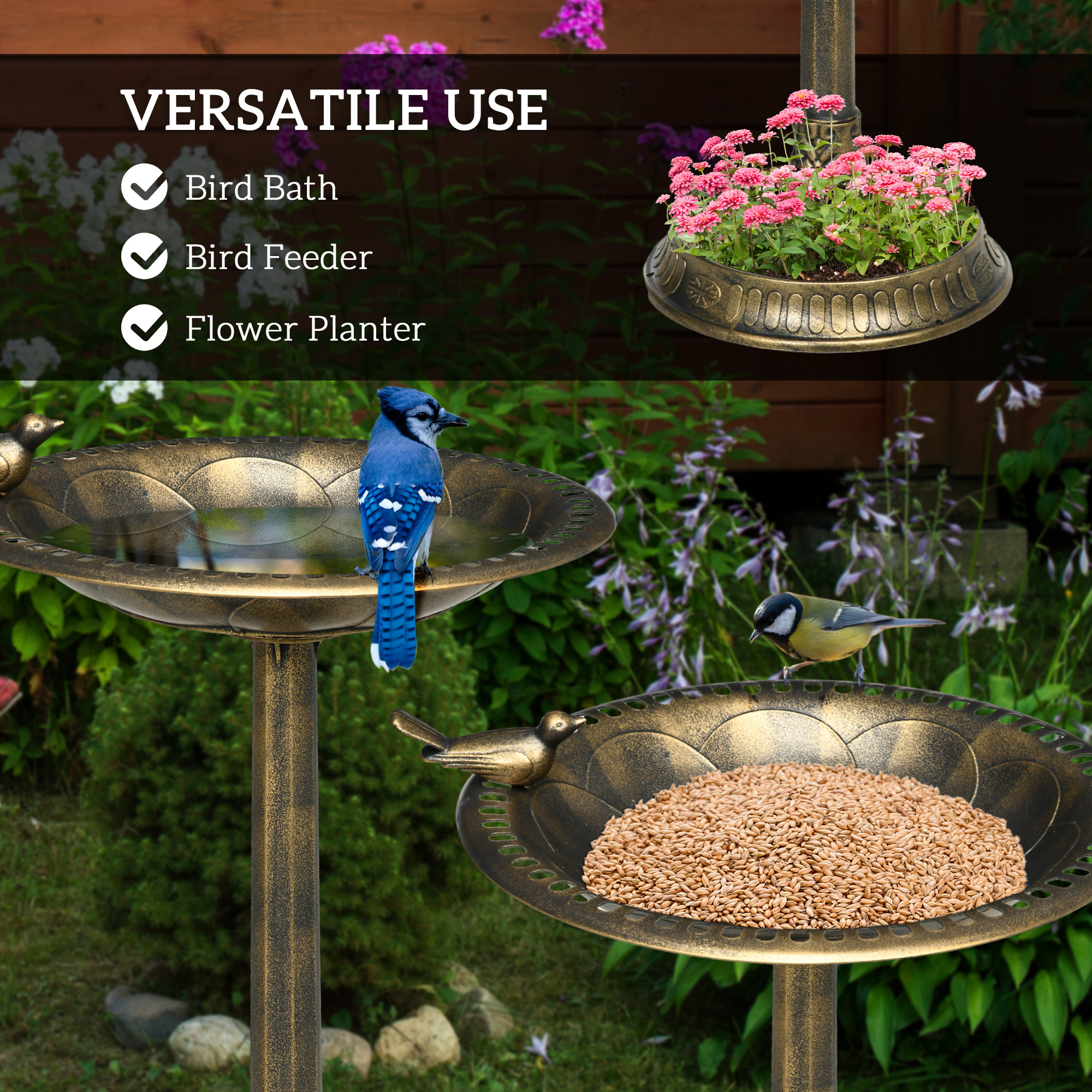  28" Antique Bird Bath Decorative Birdbath Bird Feeder Bowl with Planter Pedestal and Bird Statues, Bronze