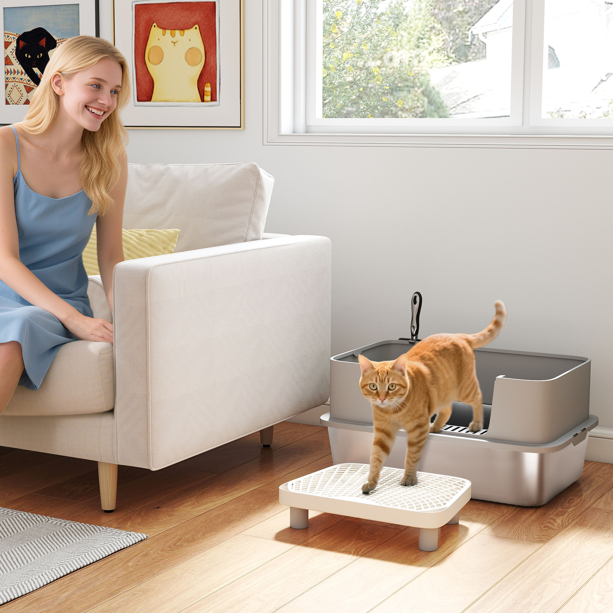 Stainless Steel Litter Box with High Sides, Metal Cat Litter Box with Scoop, Pedal, Anti-Urine Leakage, Non-Sticky