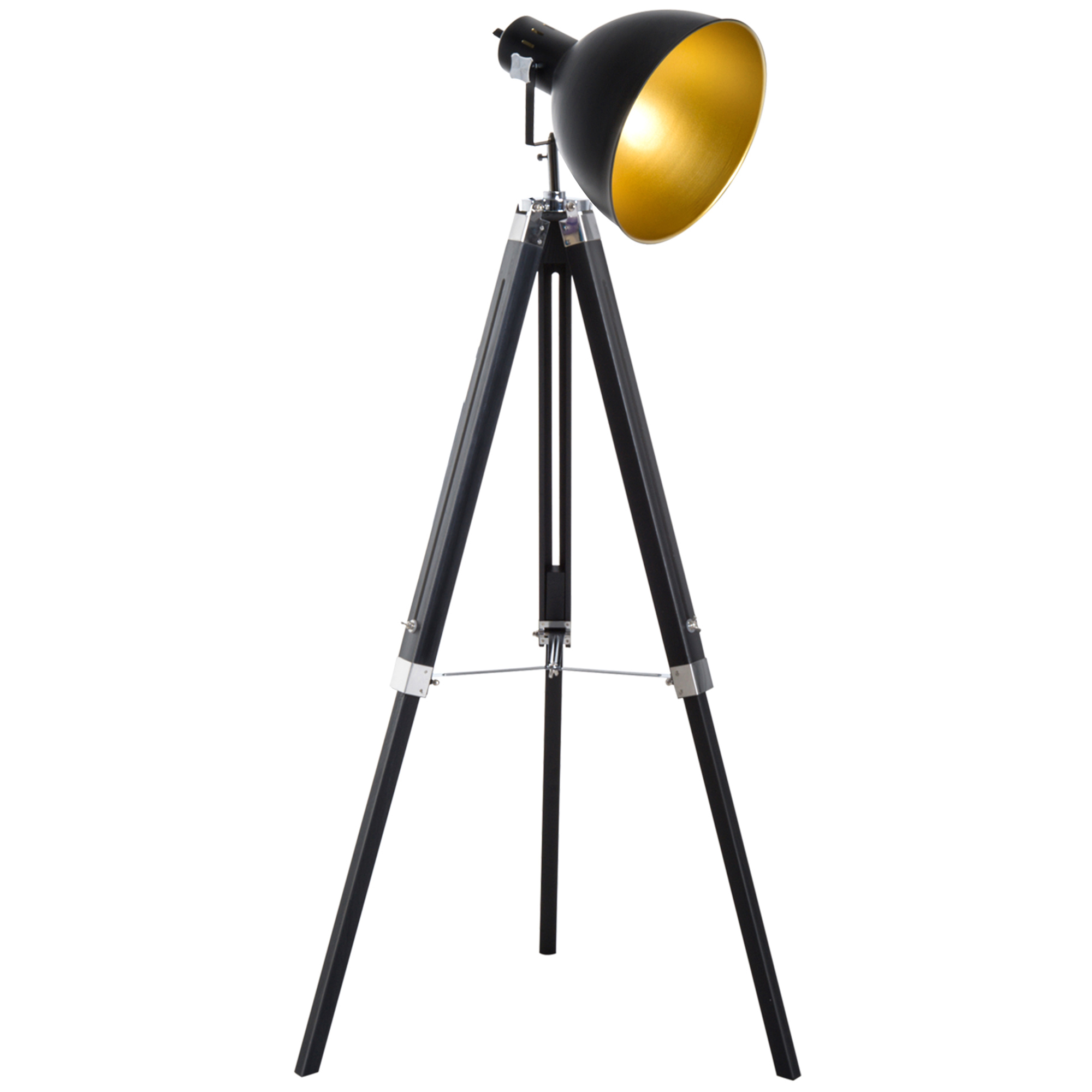 Black and gold tripod floor lamp with solid pine wood legs and a pivoting cone-shaped spotlight shade