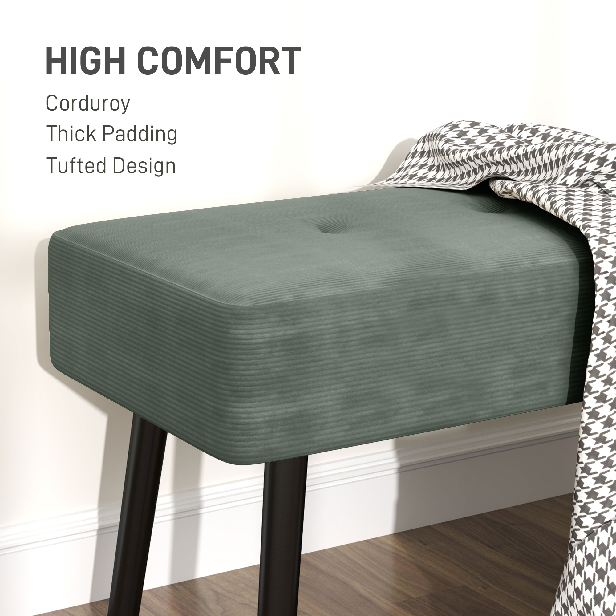 End Of Bed Bench, Corduroy Bedroom With Thick Padding And Steel Legs, Tufted — image 5