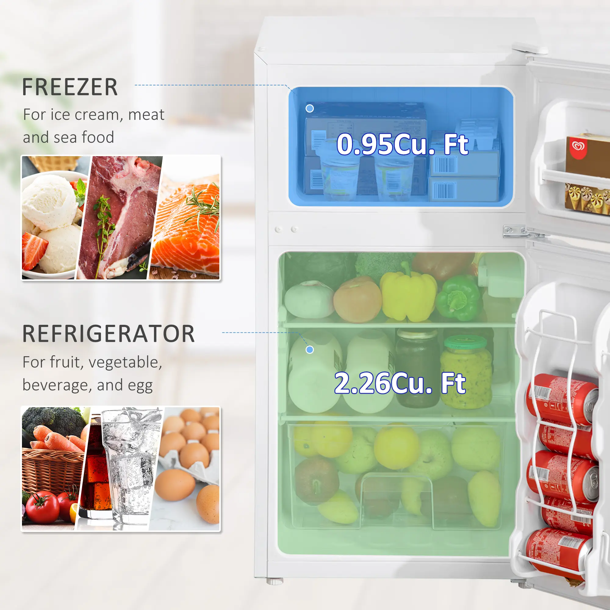 3.2 Cu.Ft Mini Fridge with Freezer, Compact Refrigerator with Adjustable Thermostat, Shelf and Double Reversible Door for Bedroom, Dorm, Home Office, Energy Eff