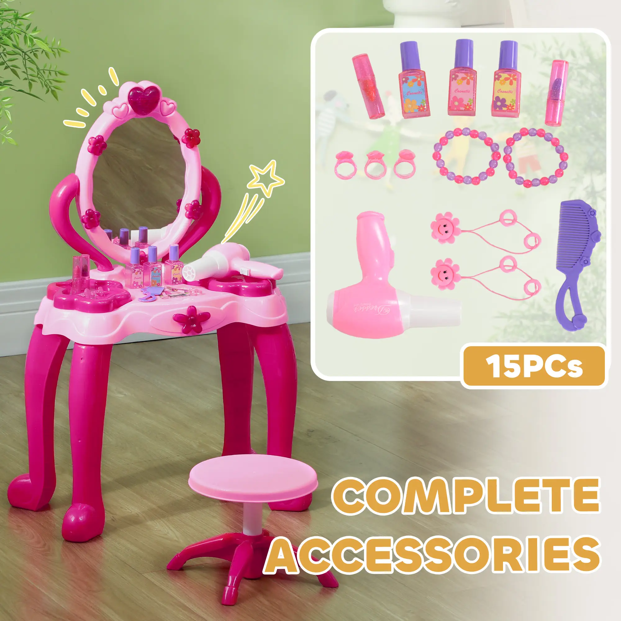 Kids Vanity Set with Mirror and Stool, Light and Sound, 15 Accessories, Pink