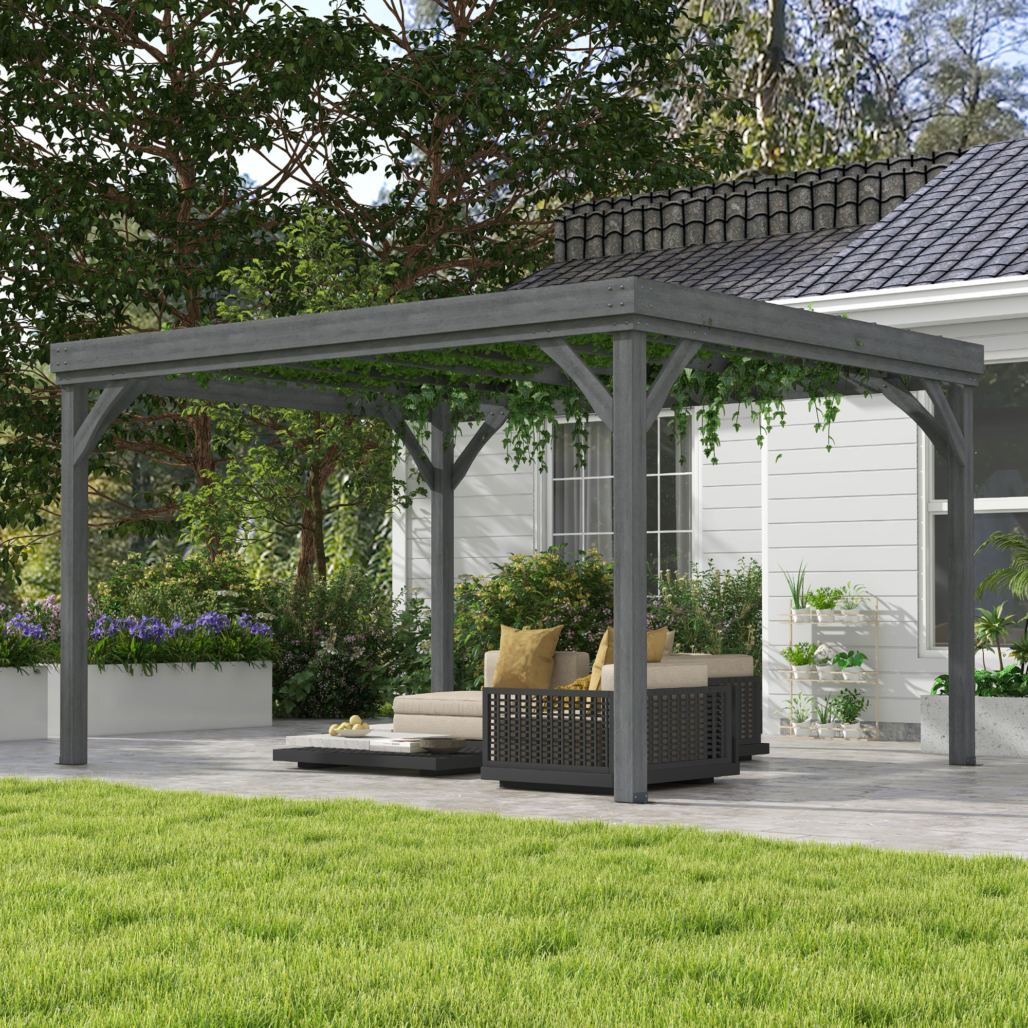 10 x 12 Outdoor Wooden Pergola, Grape Vine Gazebo with Concrete Anchors for Garden, Patio, Backyard, Deck, Gray