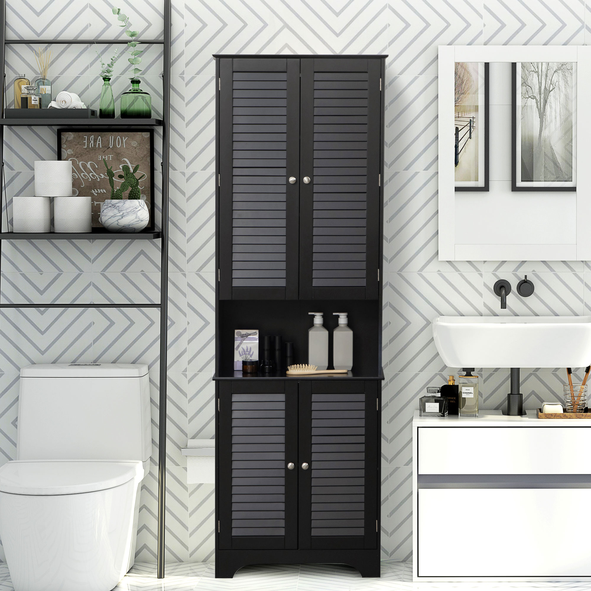  Tall Narrow Bathroom Storage Cabinet with Doors and Shelf Adjustability, Freestanding Linen Cabinet with 2 Cabinets and Countertop, Black
