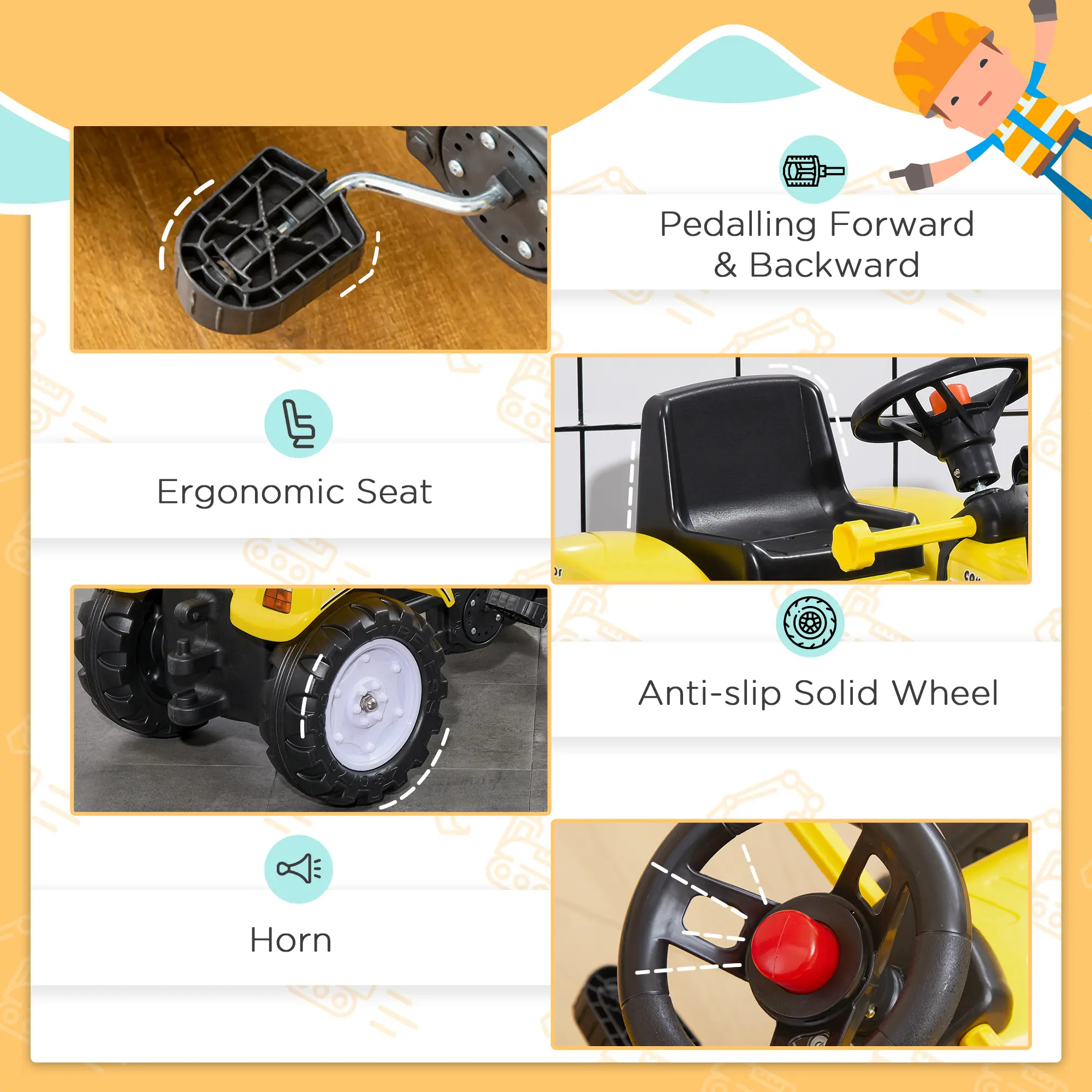 Kids Ride on Excavator, Pedal Go Kart with Front Loader Digger for 3 Year Old, Yellow