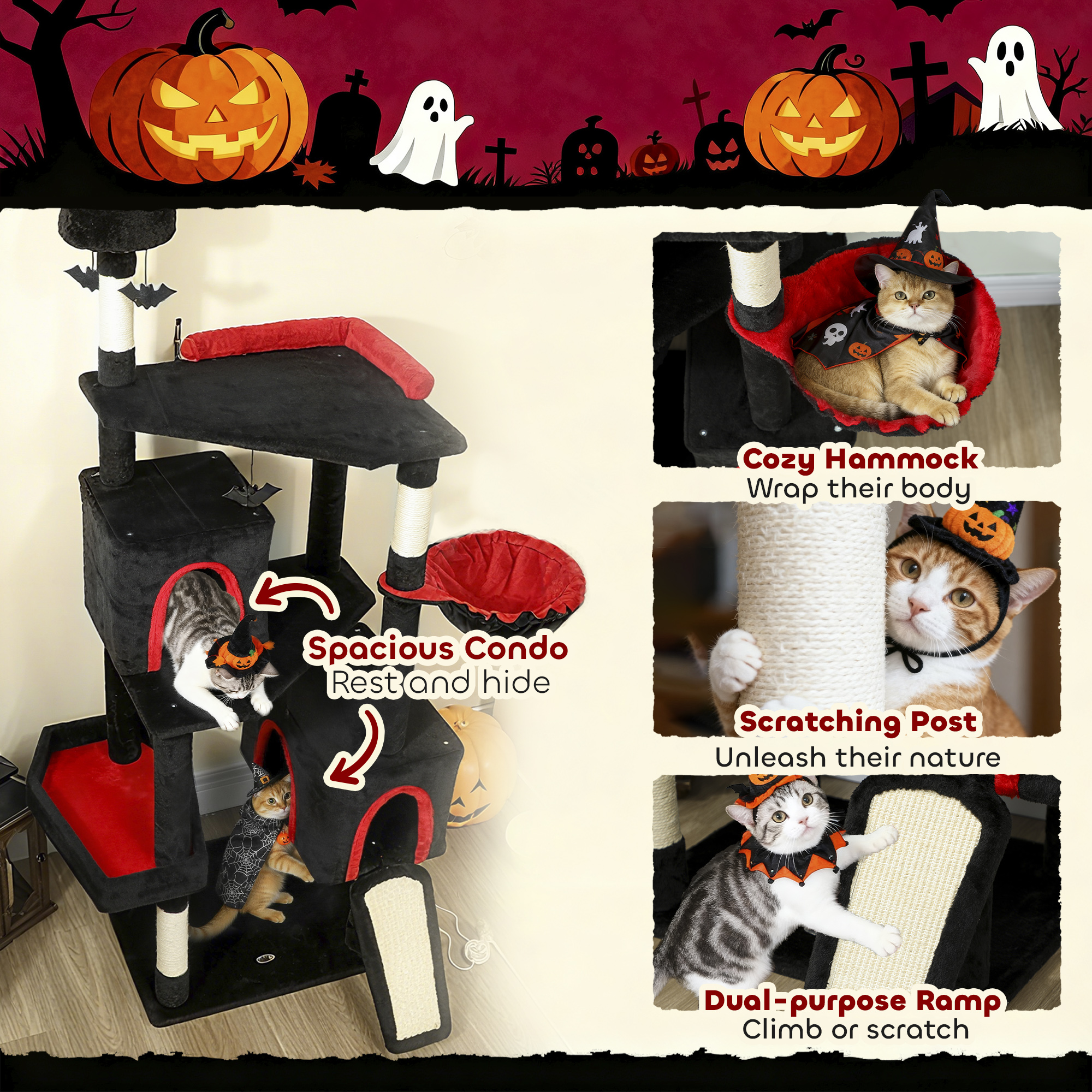  78" Gothic Cat Tree, Cat Tower with Coffin Bed, 2 Spacious Condos, Sisal Scratching Posts, Bat Hanging Balls, Halloween