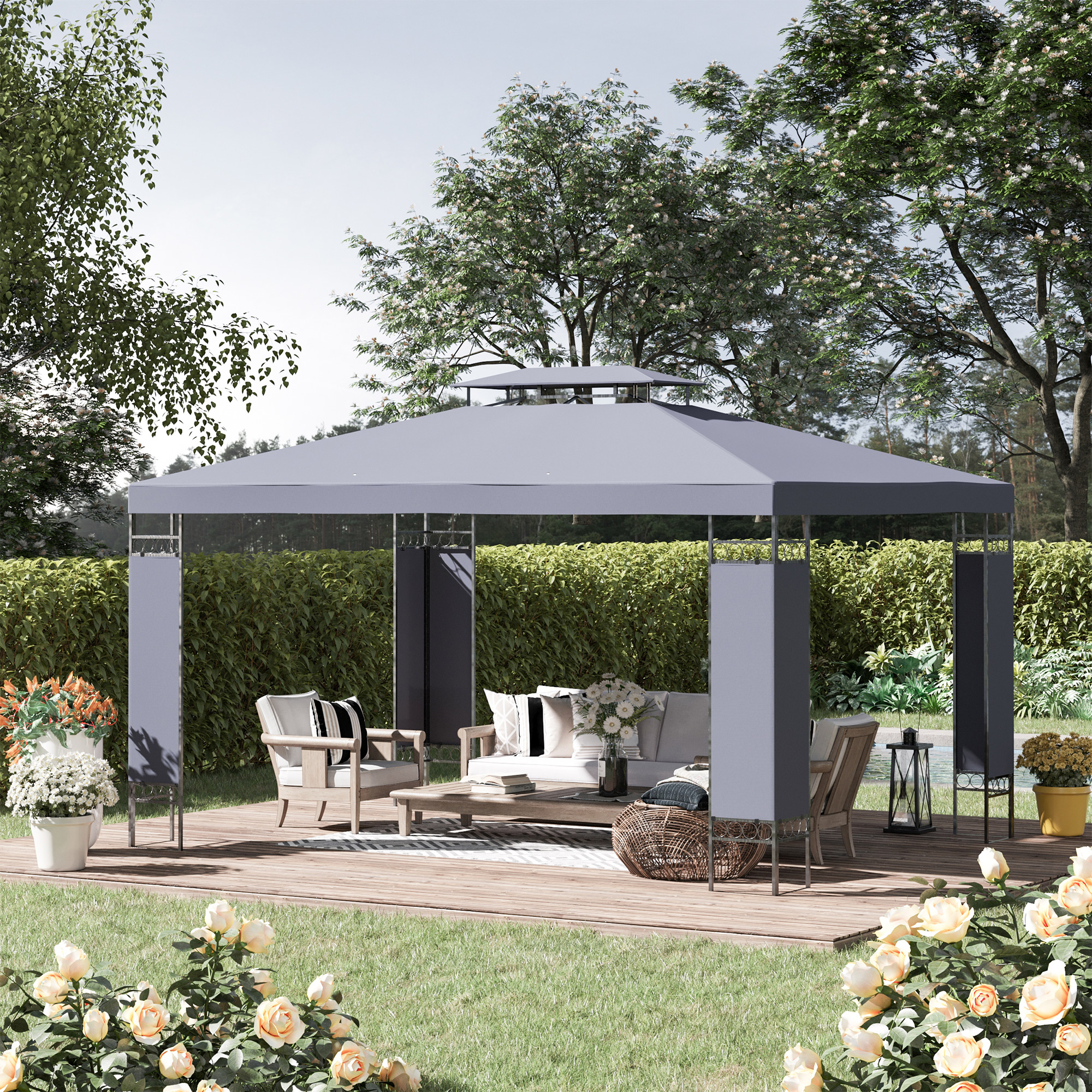 10 x 13 Patio Gazebo, Double Roof Outdoor Gazebo Canopy Shelter with Screen Decorate Corner Frame, for Garden, Lawn, Backyard and Deck, Gray