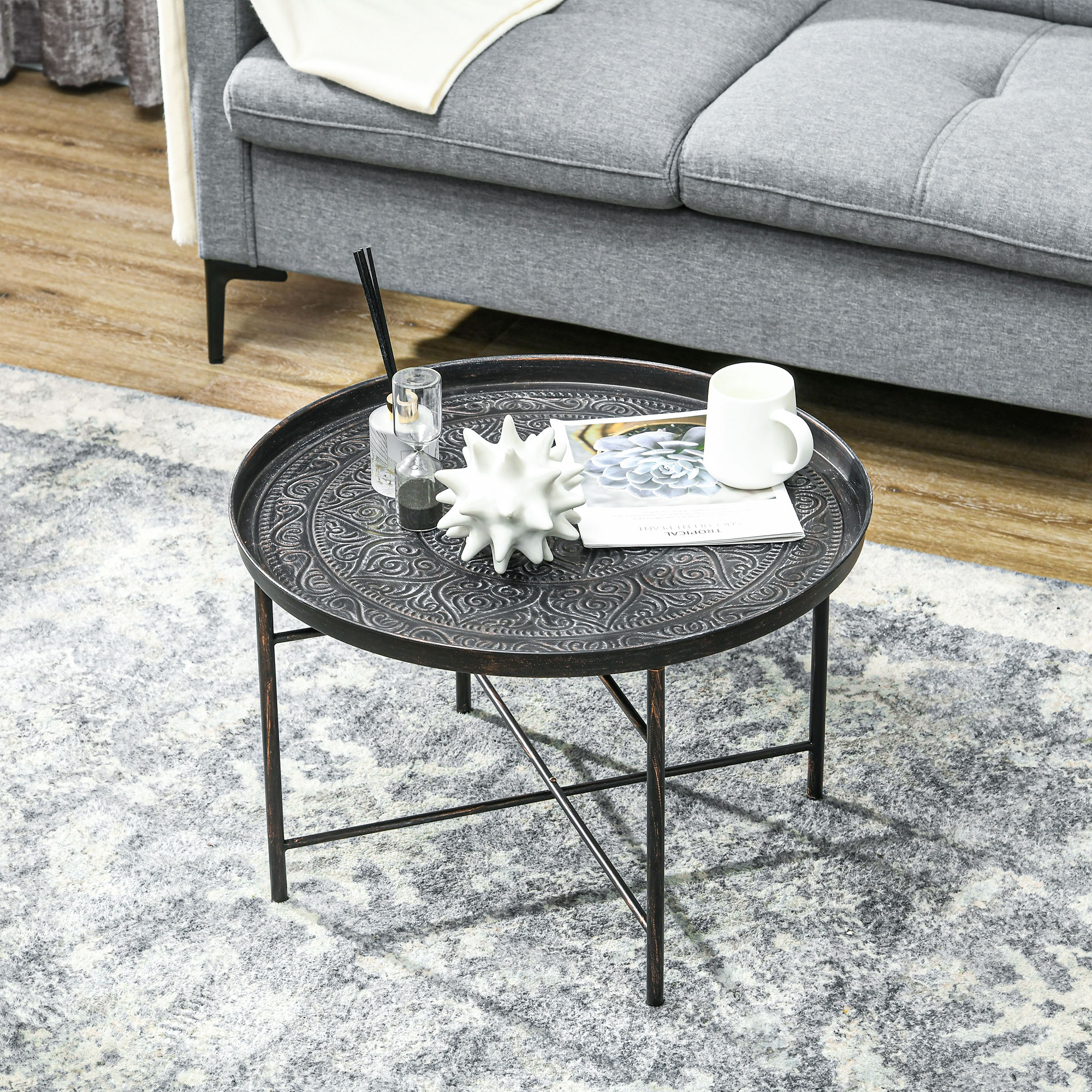 Coffee Table for Living Room, 24" Round Center Table with Hammered Tray Top and Metal Frame for Bedroom… image 5