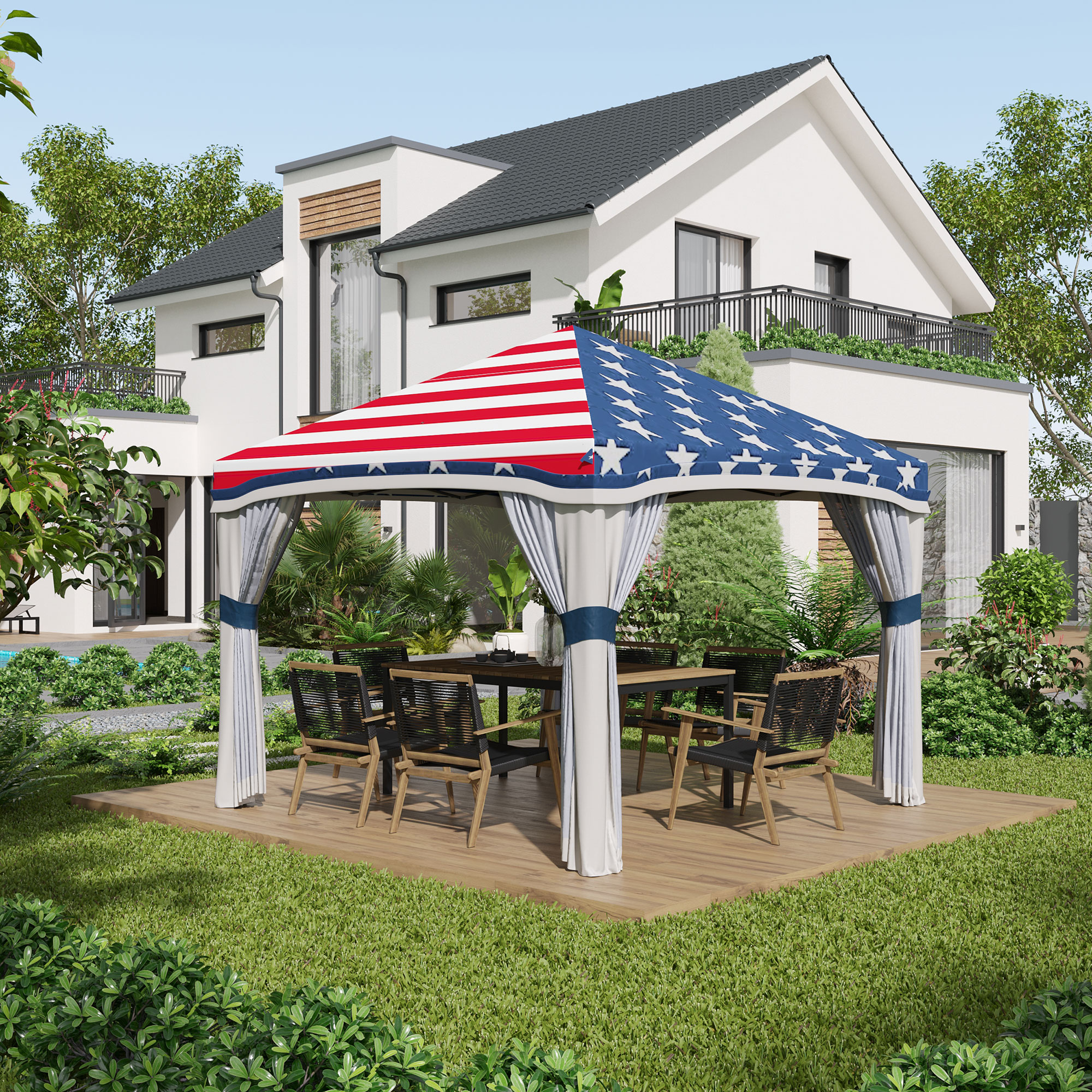 10 x 10 Pop Up Canopy Tent with Netting, Instant Tents for Parties, Height Adjustable, with Wheeled Carry Bag and 4 Sand Bags for Outdoor, Garden, Patio, American Flag