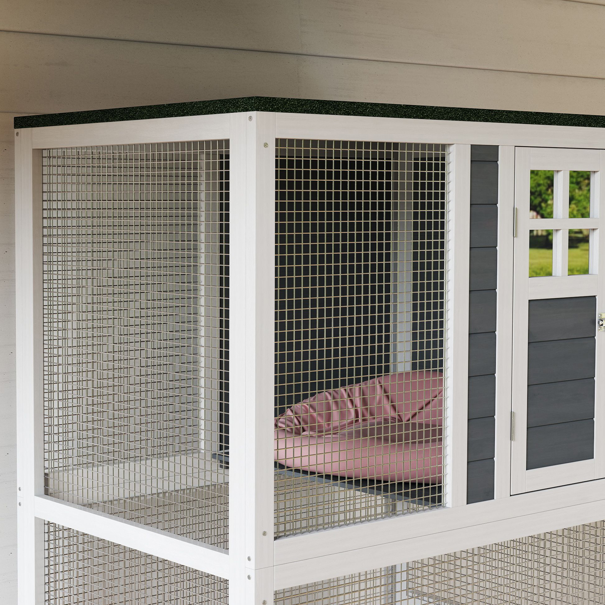  74" Wooden Catio Outdoor Cat Enclosure Weatherproof & Wheeled, Outside Cat House with High Weight Capacity, Kitten Cage Condo, White