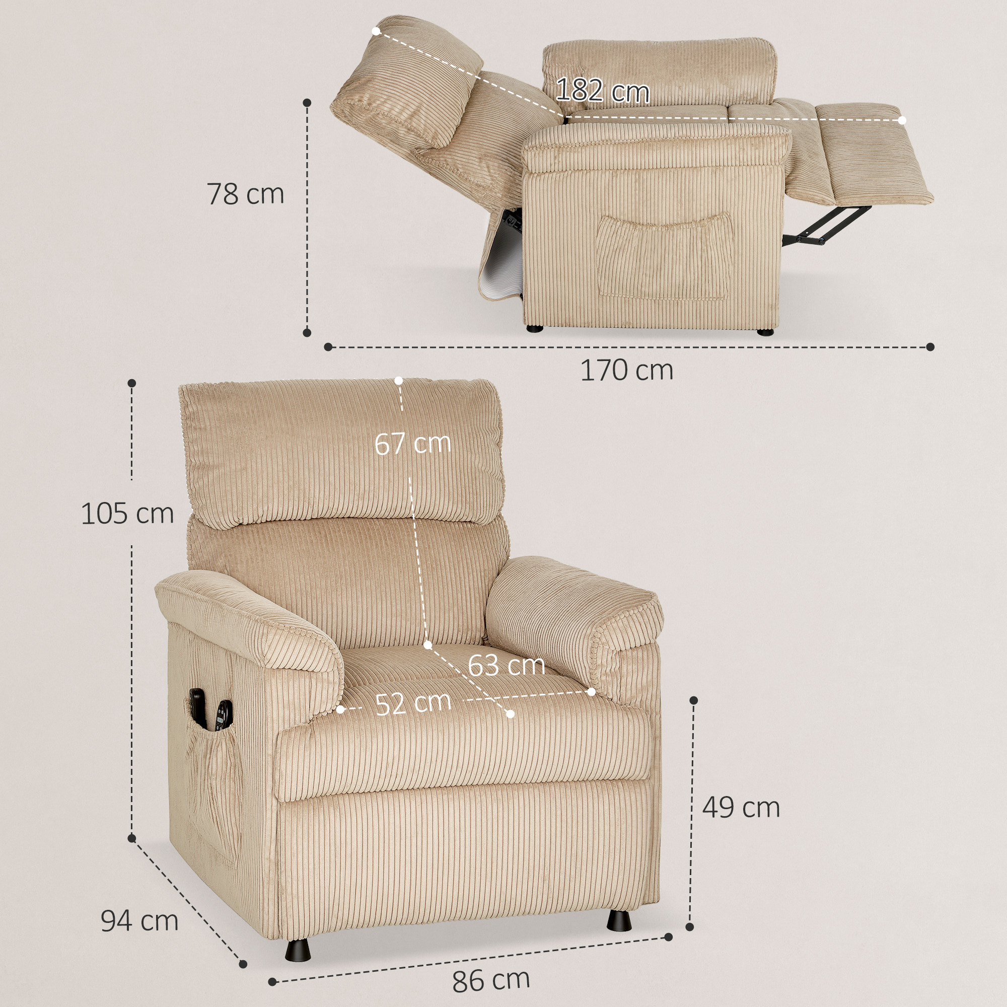 Corduroy Electric Massage Recliner - Brown — image 5