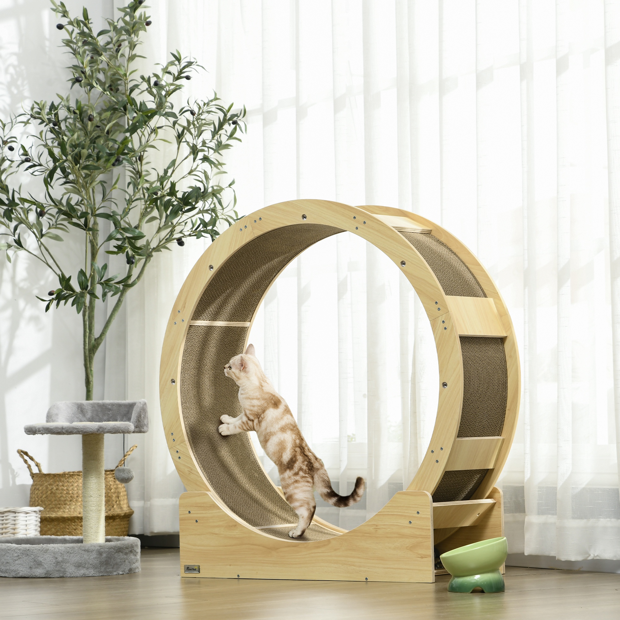 Floor-standing wooden cat exercise wheel in light oak tone