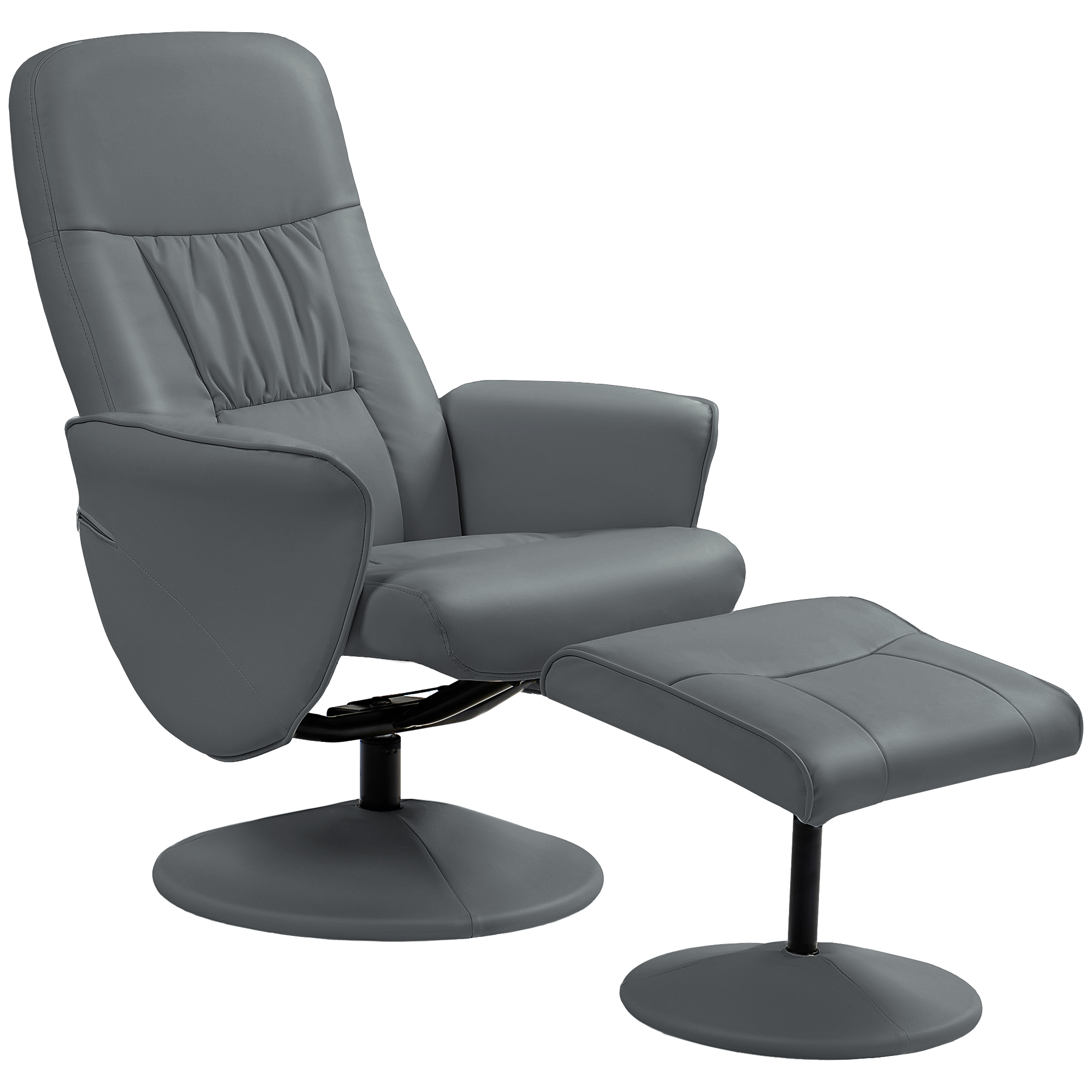 Swivel Recliner Chair With Footstool, PU Leather Armchair And Ottoman With High Back And Round Base For Living Room, Grey