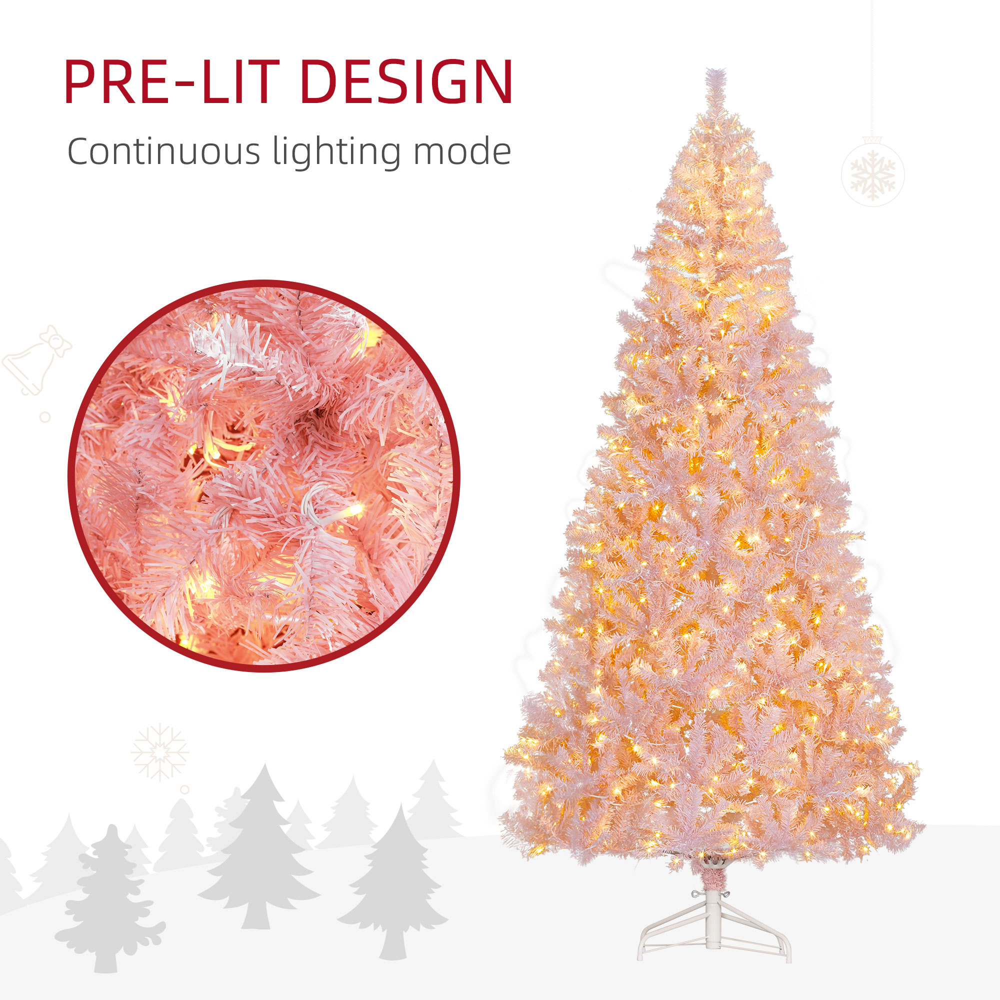  7.5 FT Tall PreLit Artificial Christmas Tree with Realistic Branches, 500 Warm White LED Lights and 1346 Tips, Pink